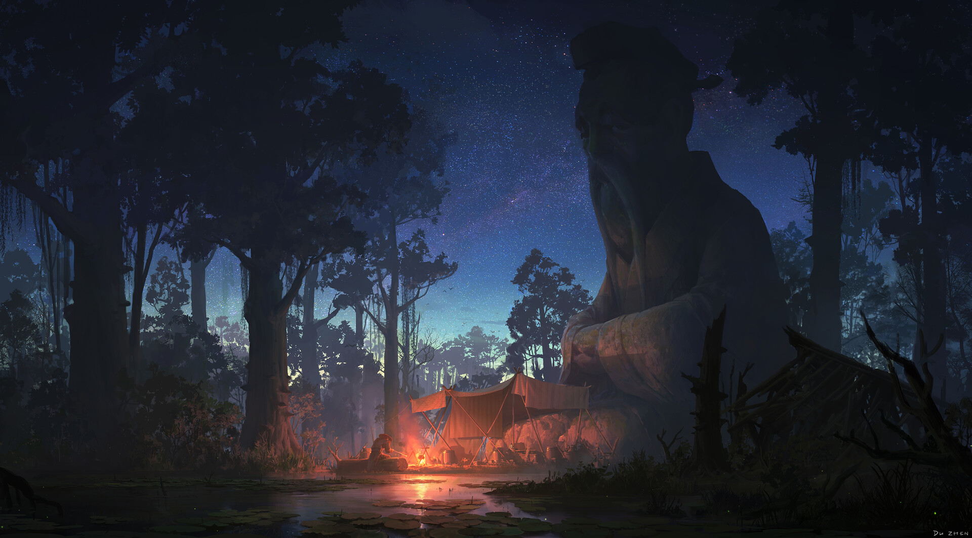 Lok Du Digital Art Fantasy Art Camp Swamp Trees Statue 1920x1063