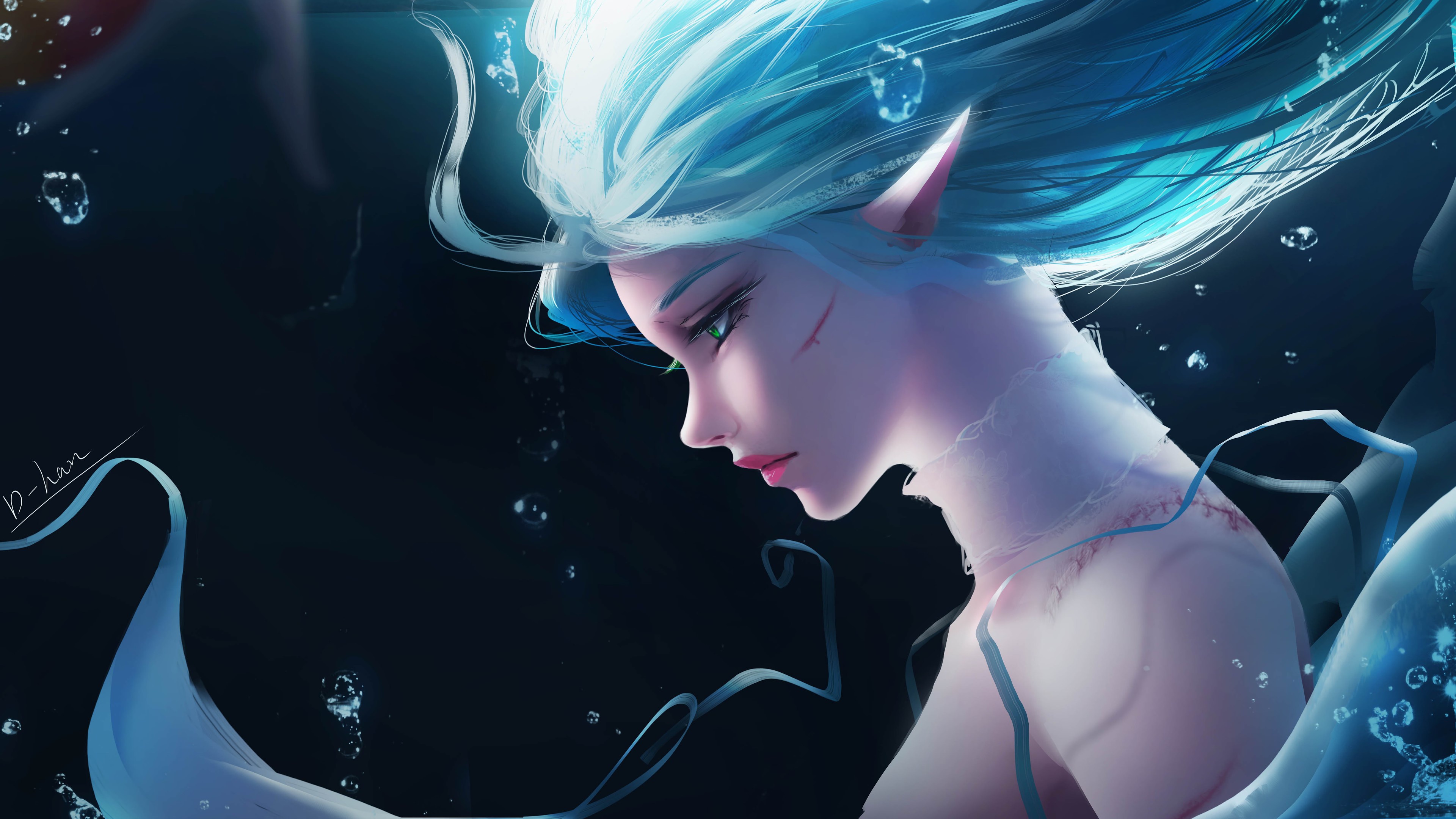 Elves Women Green Eyes Pointy Ears Underwater Blue Hair Fantasy Girl Fantasy Art Artwork Digital Art 3840x2160