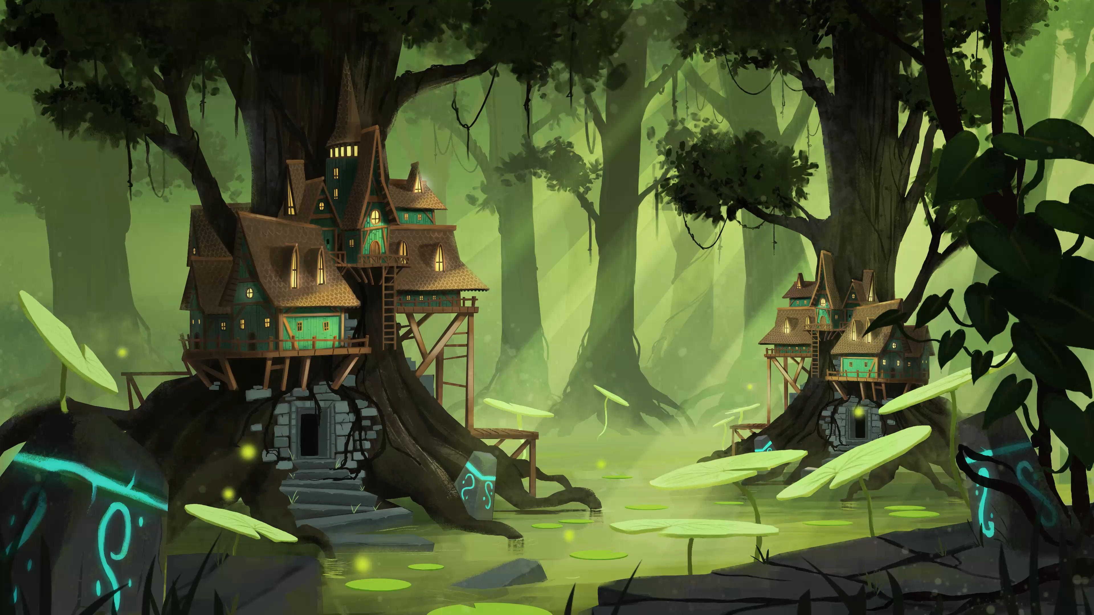 Hugo Barret Castan Lily Pads Trees Water House Roots Lights Forest 3840x2160