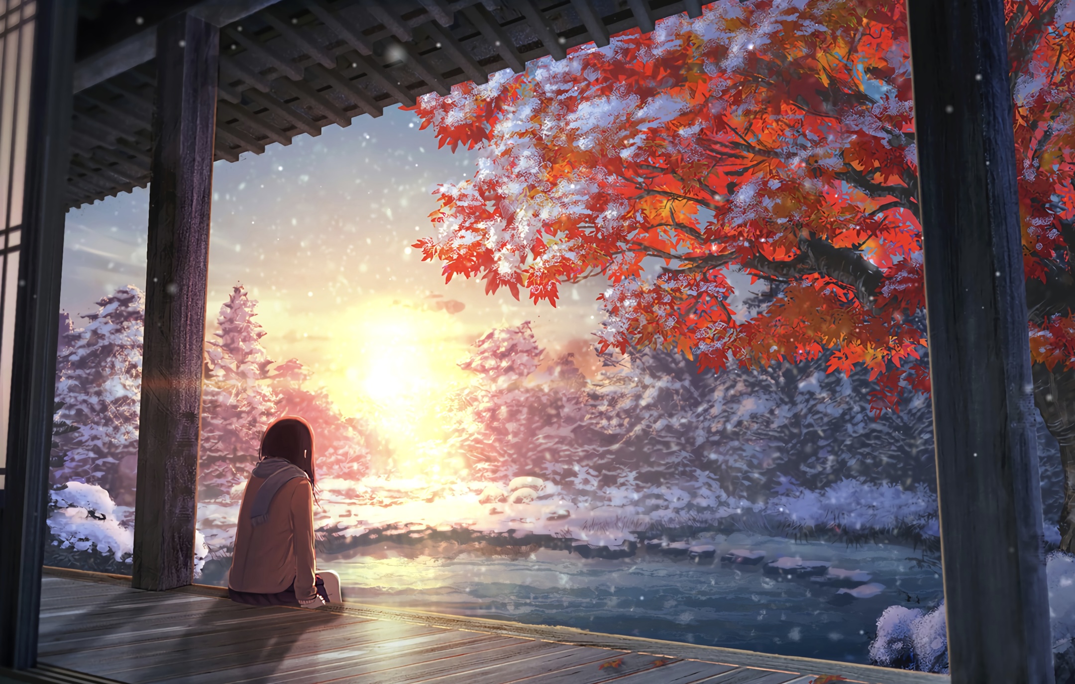 Anime Girls Sun Rays Snow Artwork Natsu Artist 2160x1375