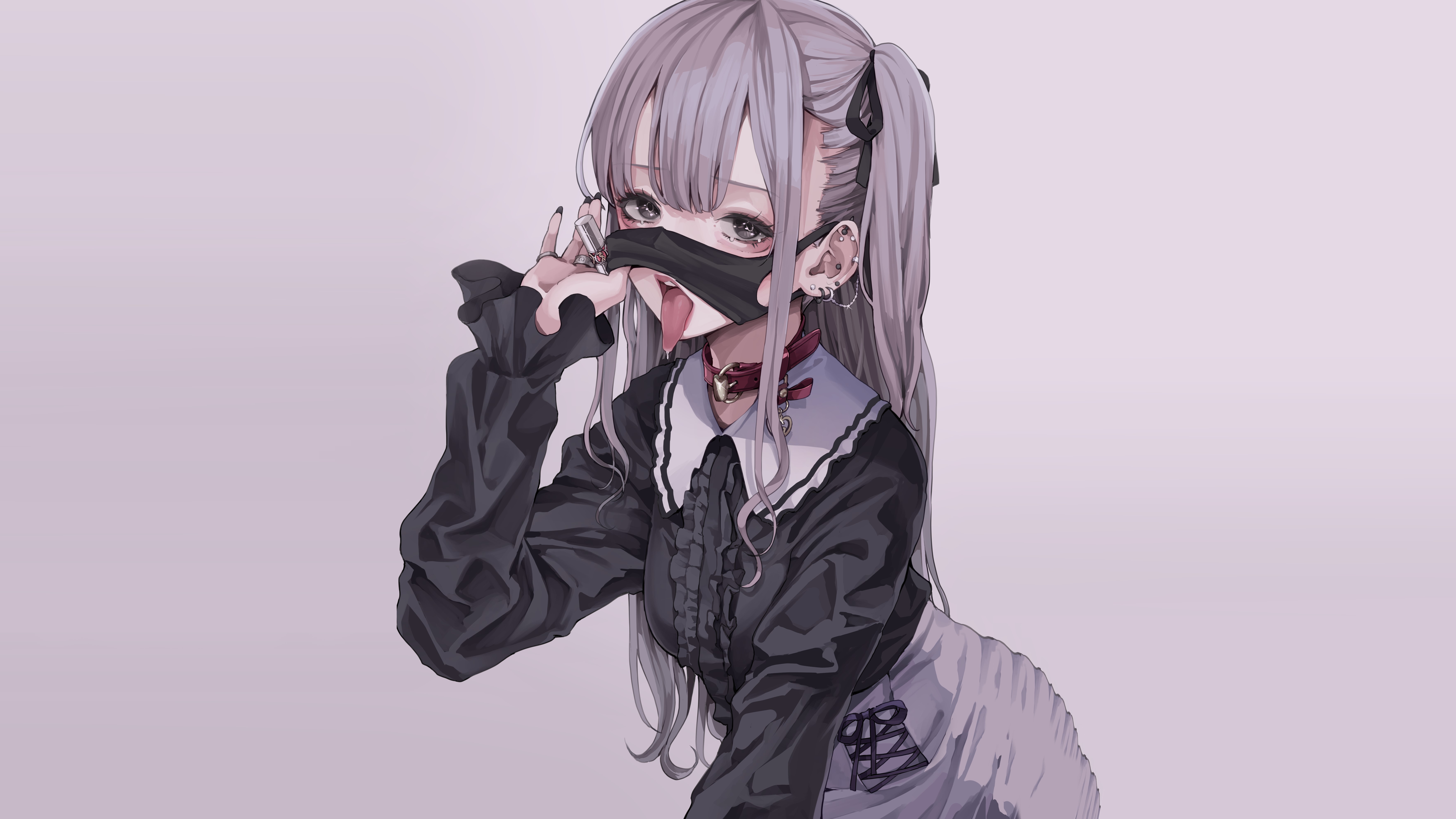 Koh Original Characters Simple Background Looking At Viewer Long Hair Bangs Mask Tongue Out Piercing 7054x3968