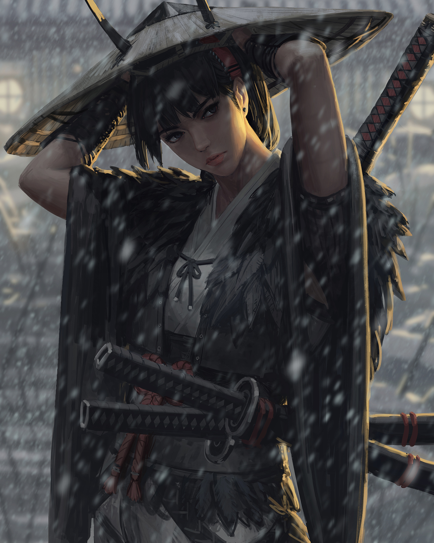 GUWEiZ Digital Art Artwork Drawing Shinobi Katana Snow Portrait Display 1440x1800