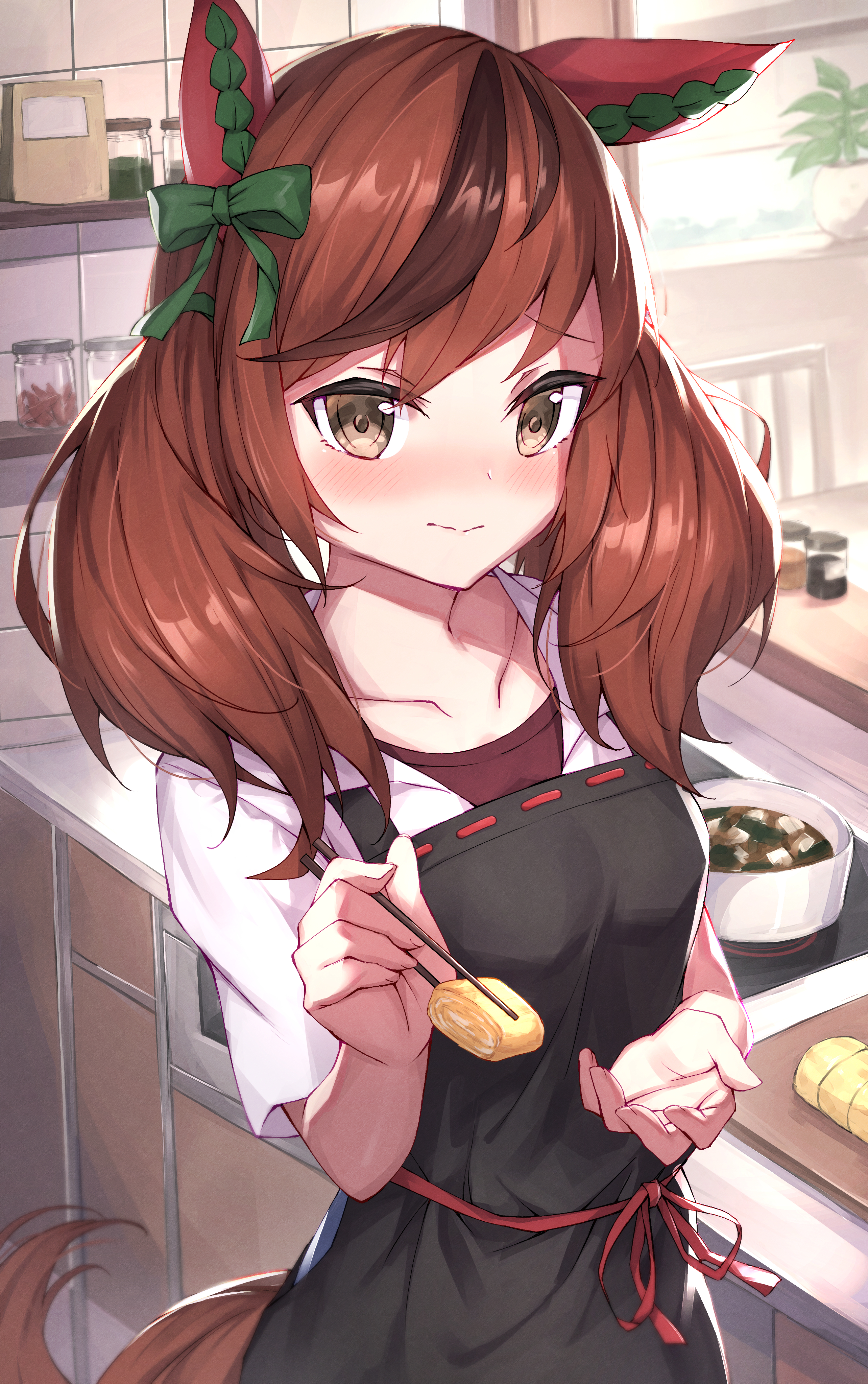 Uma Musume Pretty Derby Embarrassed Twintails Long Hair Brown Eyes Anime Girls Kitchen Green Ribbon  2568x4093