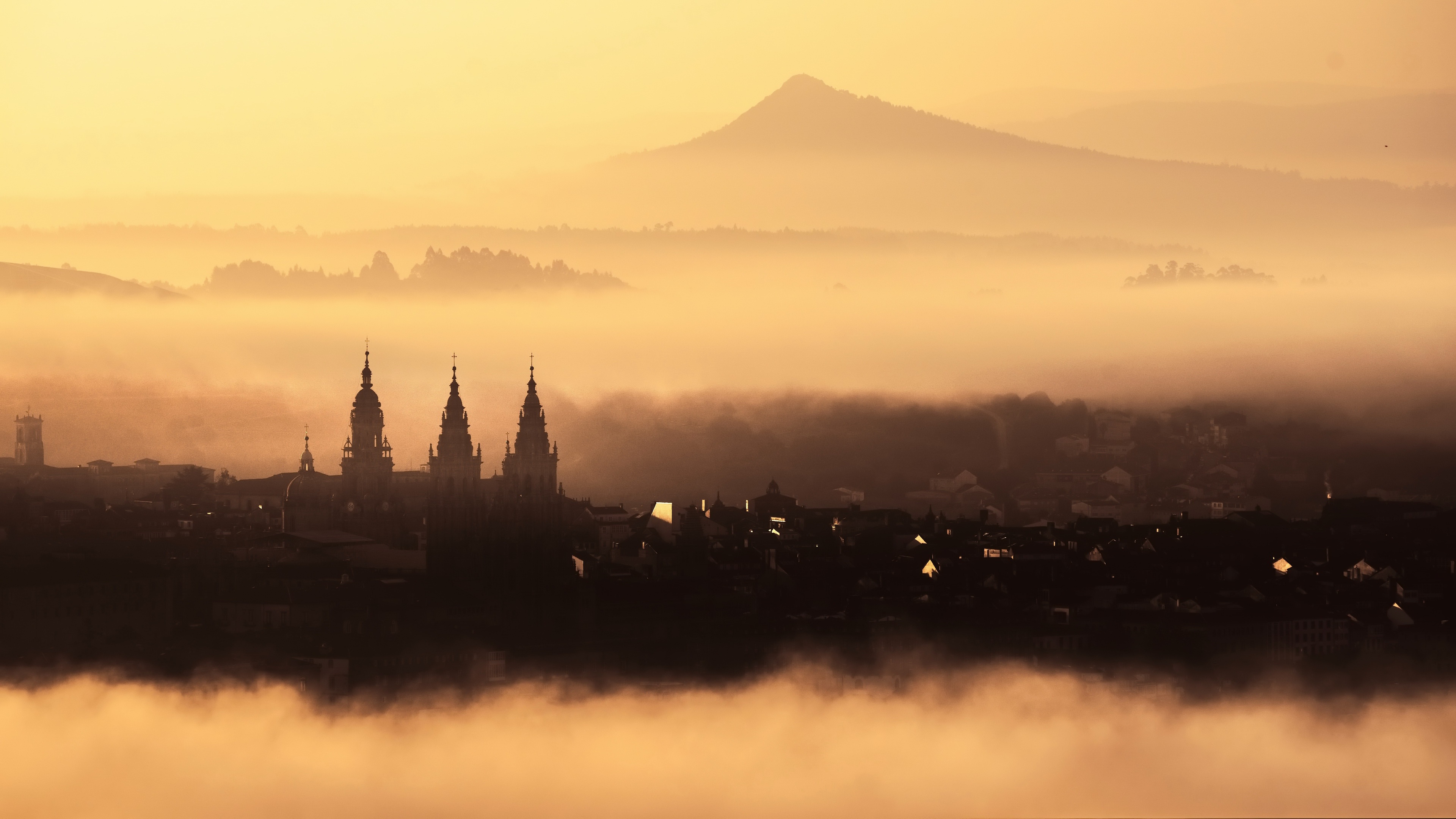 Santiago De Compostela Spain Galicia Sky Mist Sunlight Outdoors Orange Sky Cityscape 3840x2160