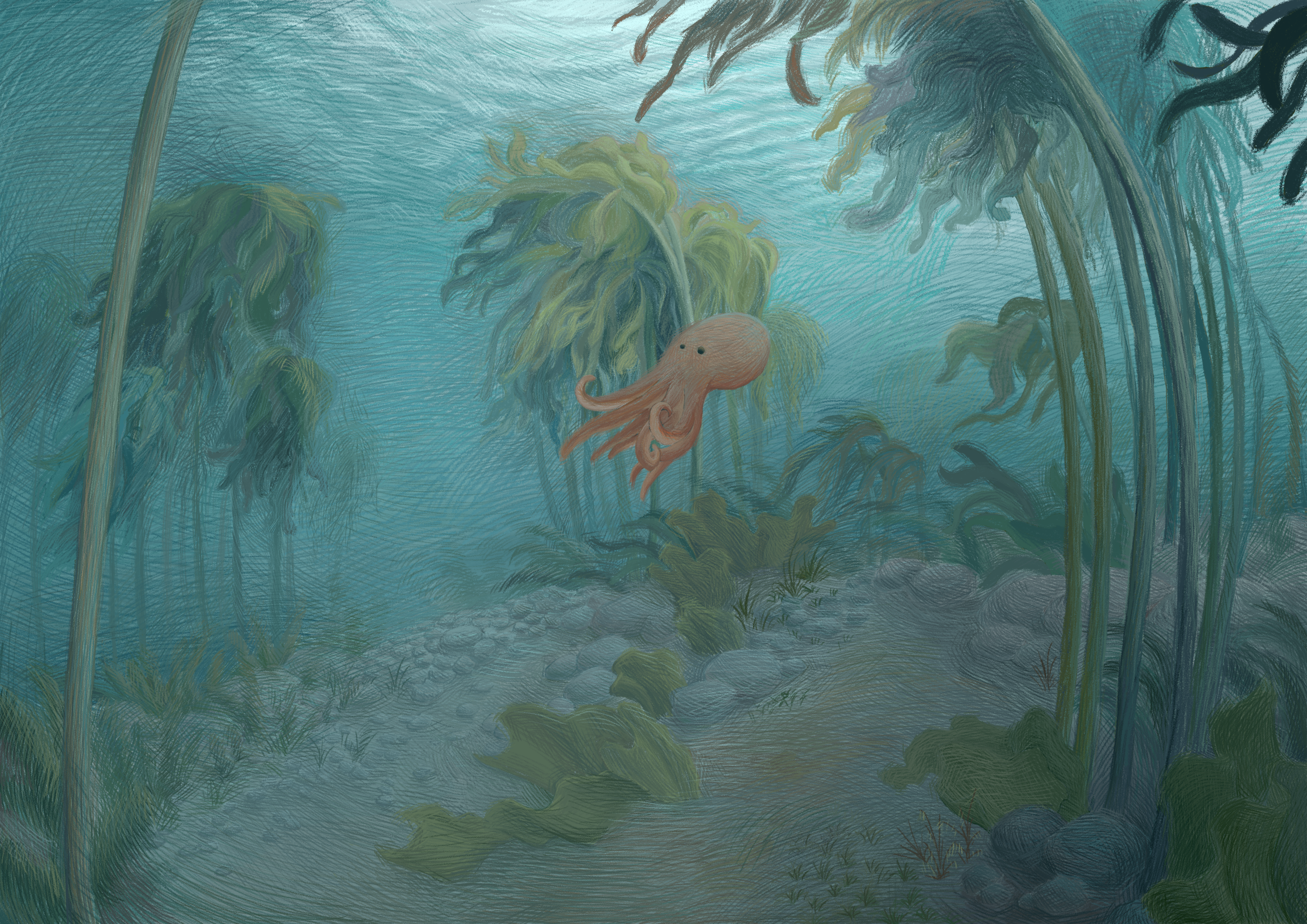 Nature Octopus Seaweed Rock Ripples Underwater Digital Lines 3508x2480