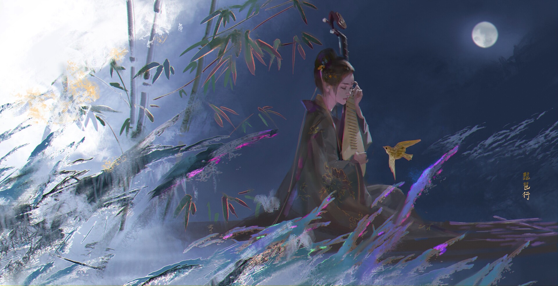 Artwork Fantasy Art Asian Women Traditional Clothing Bamboo Moonlight Lute ORin Of The Water 1920x983