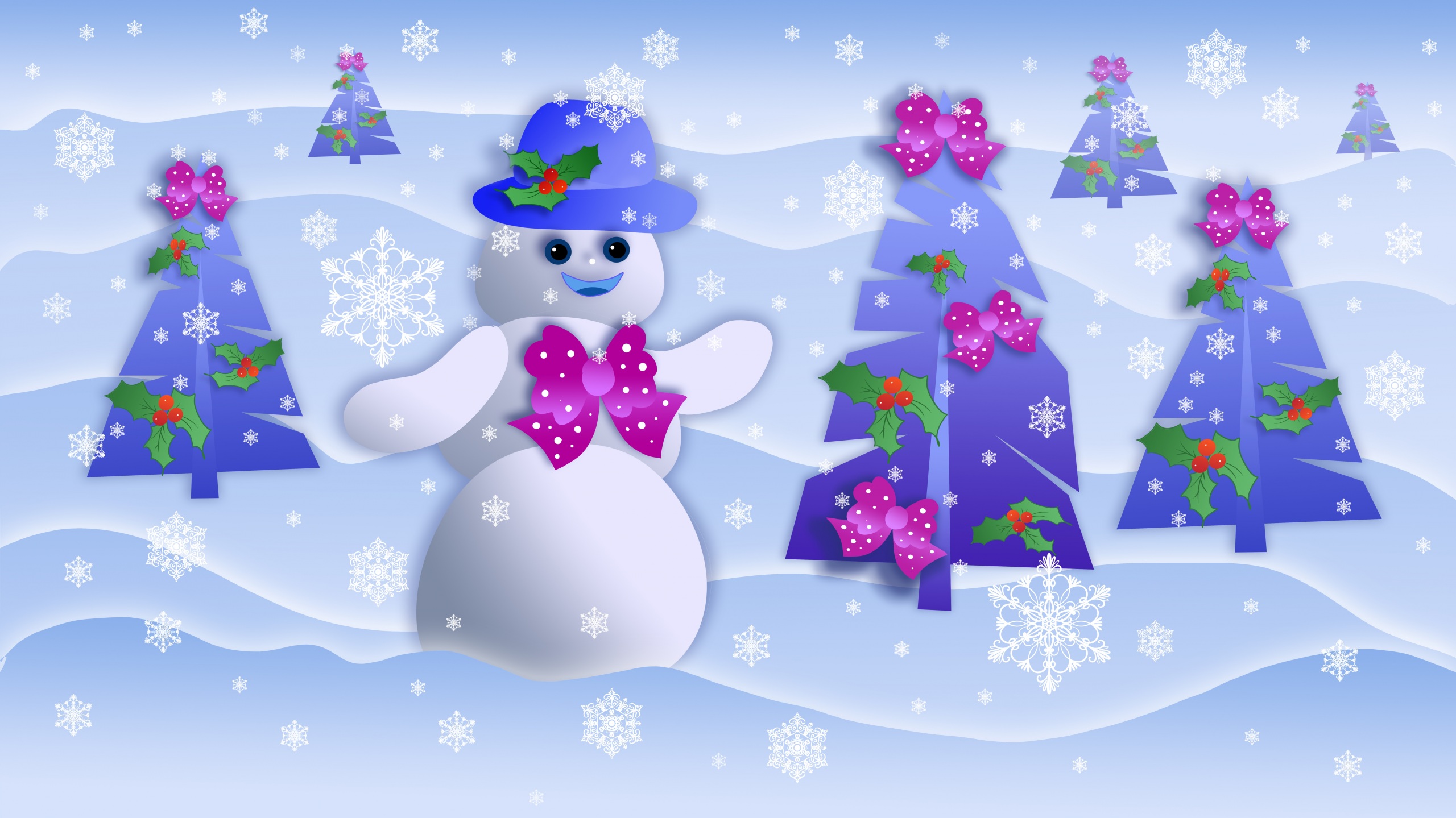 Snowman Christmas Tree Snowflake 2560x1439