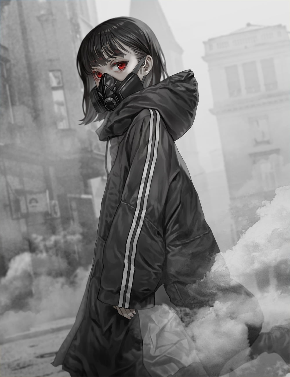 Anime Anime Girls Original Characters Artwork RuHee Gas Masks Black Hair Red Eyes 1000x1300
