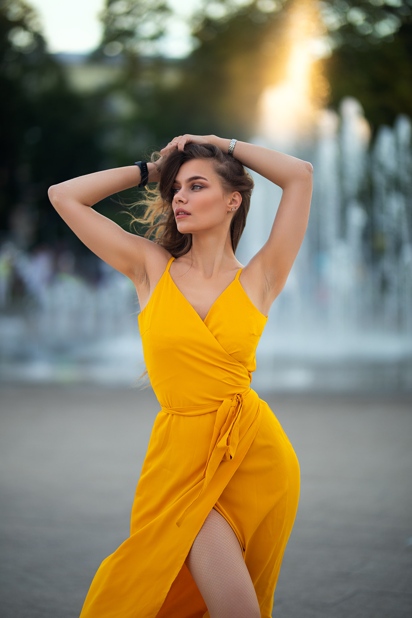 Dmitry Shulgin Women Hands In Hair Wind Dress Yellow Clothing Depth Of Field Model Women Outdoors 1365x2048