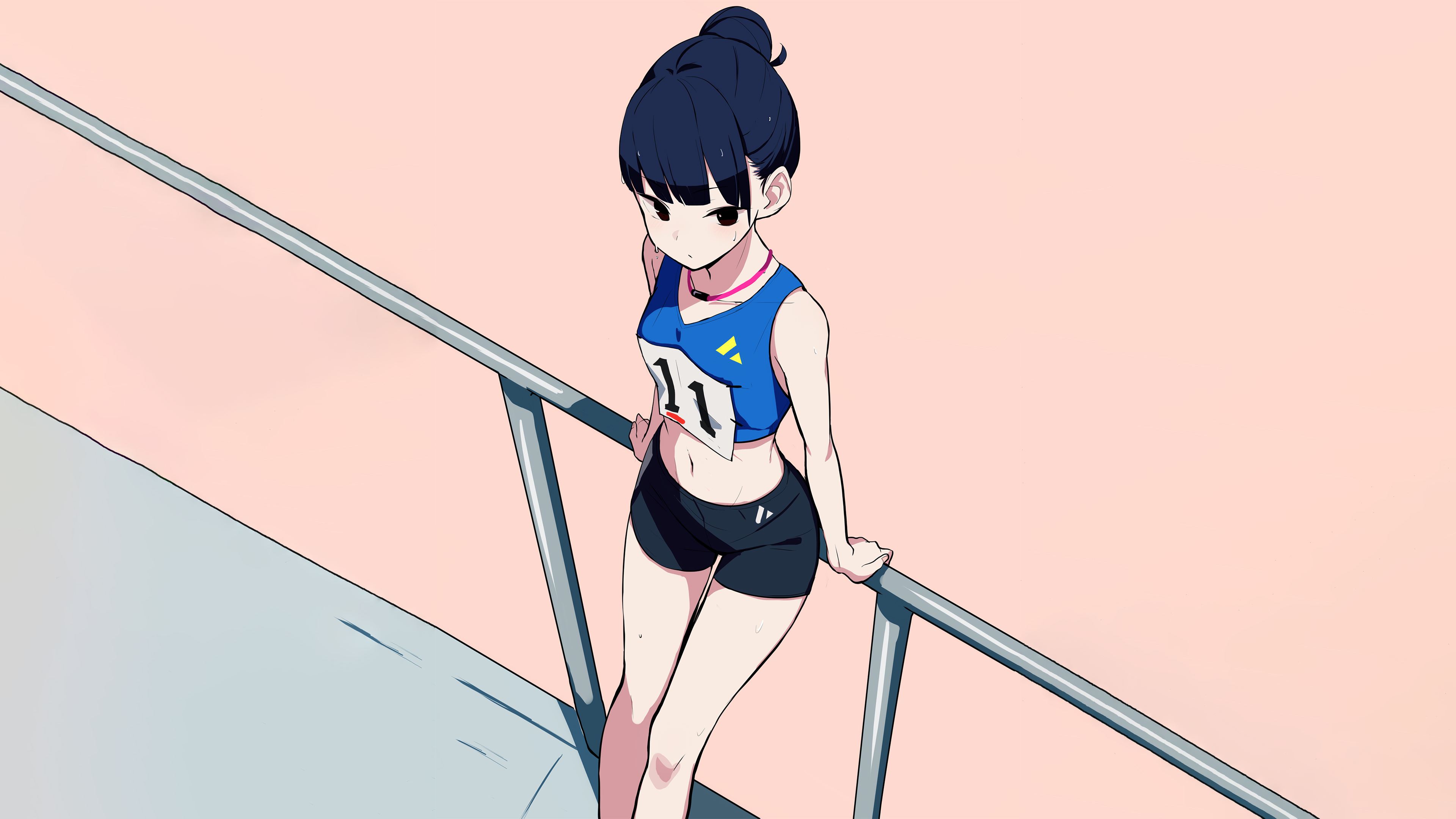 FAMY Anime Anime Girls Sweating Bare Midriff Running Tracksuit Dark Hair Dark Eyes Necklace Digital  3840x2160