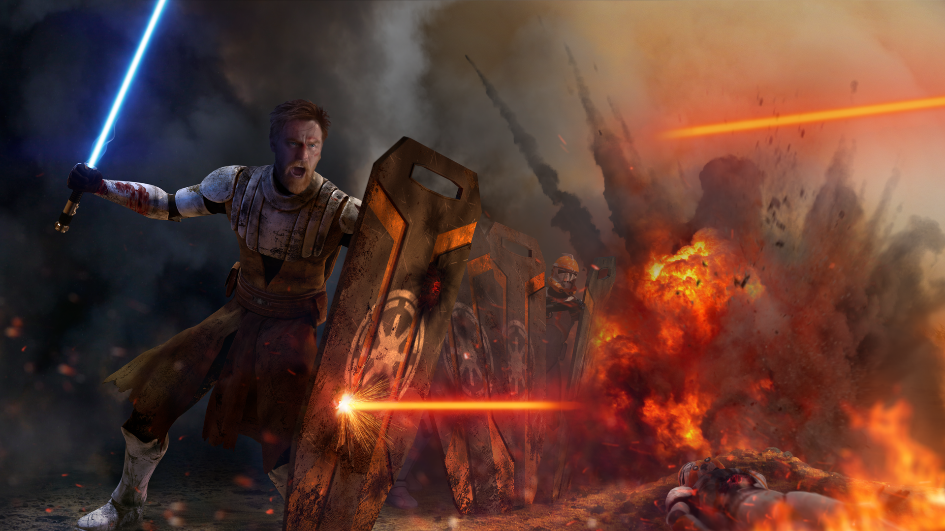 Star Wars Obi Wan Kenobi Lightsaber The Clone Wars Jedi Smoke Blast Shield Armor Clone Trooper 1920x1080