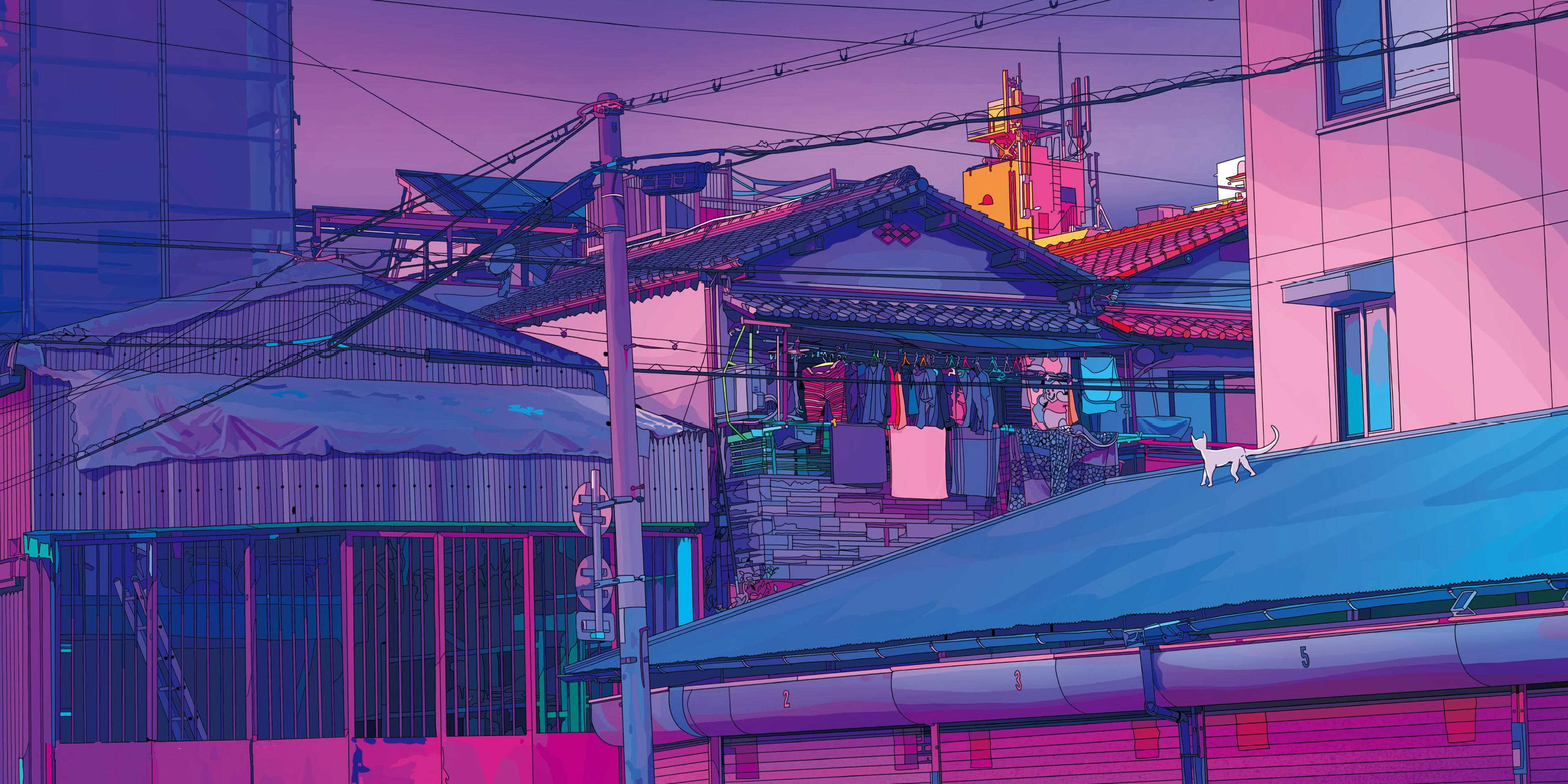 Artwork City Powerlines House Cats Laundry 3840x1920
