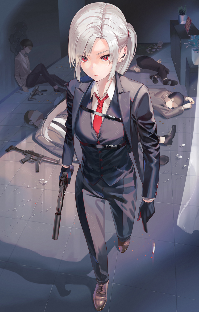 Anime Anime Girls KFR Artwork Silver Hair Red Eyes Suits Weapon Corpse 844x1320