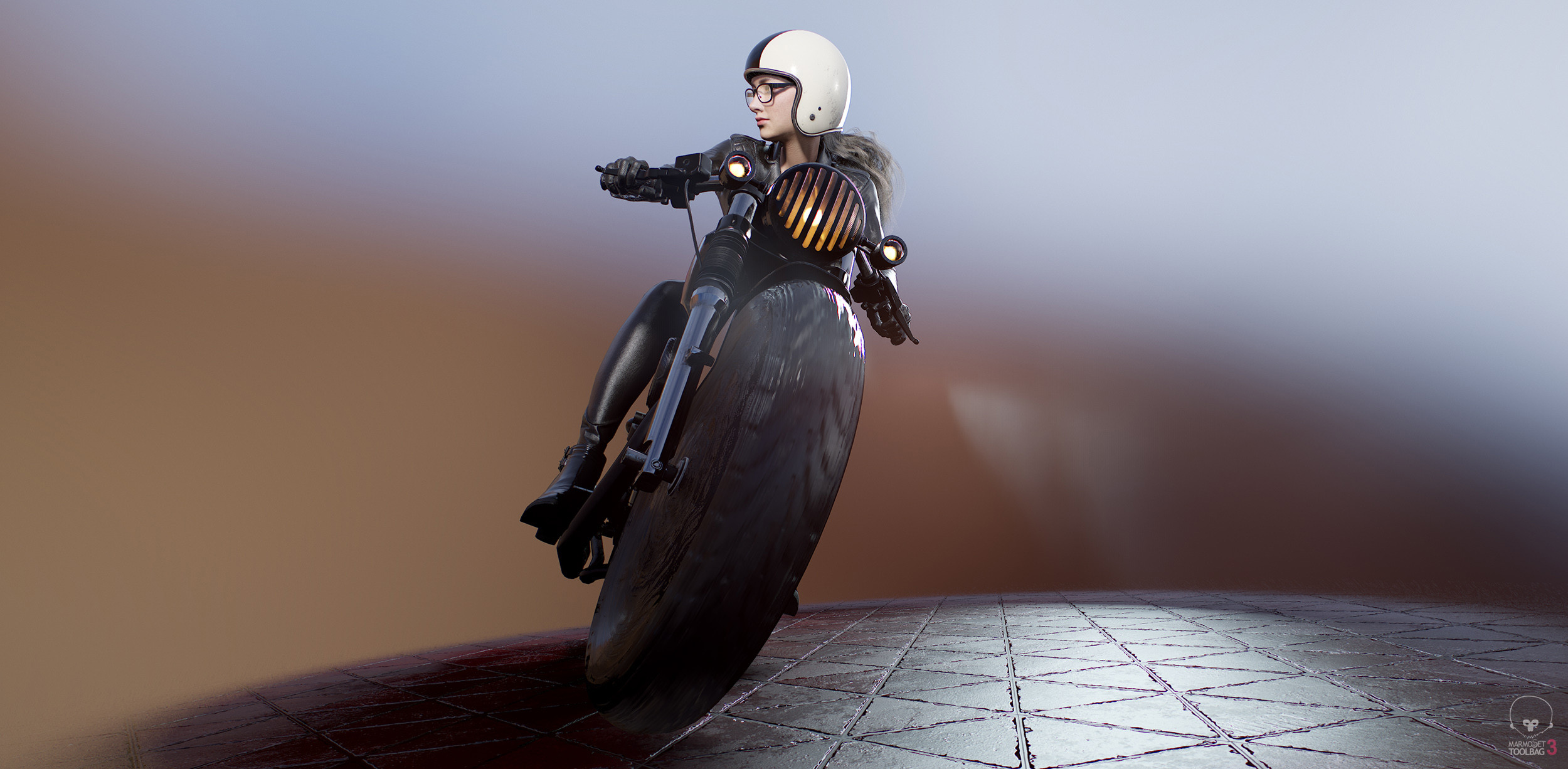 Seungmin Kim Digital Art Artwork 3D 3d Design Motorcycle Women Black Clothing Helmet Blonde Vehicle  2500x1226