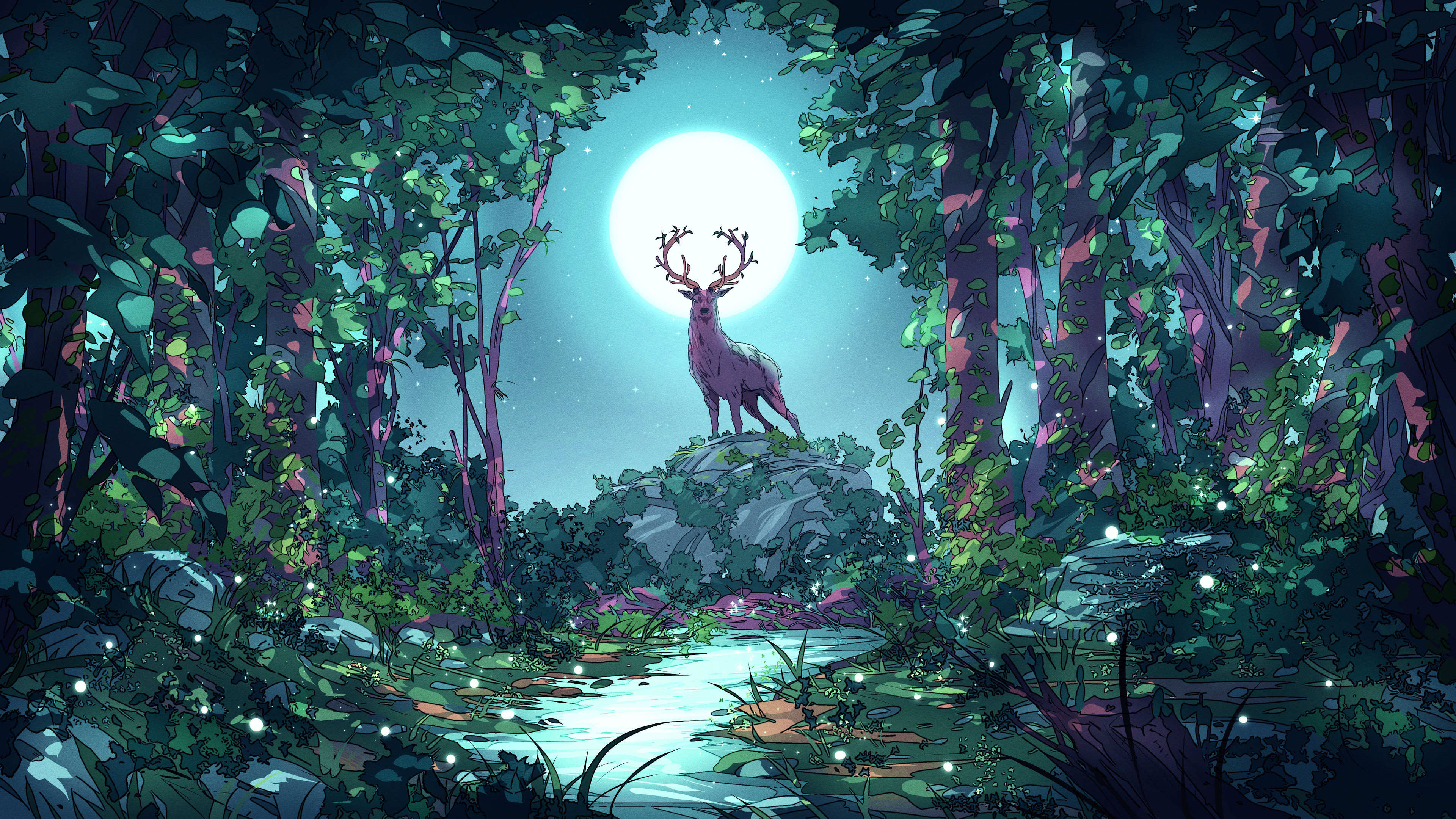 Christian Benavides Digital Art Fantasy Art Deer Moon Night Forest Stream 3840x2160