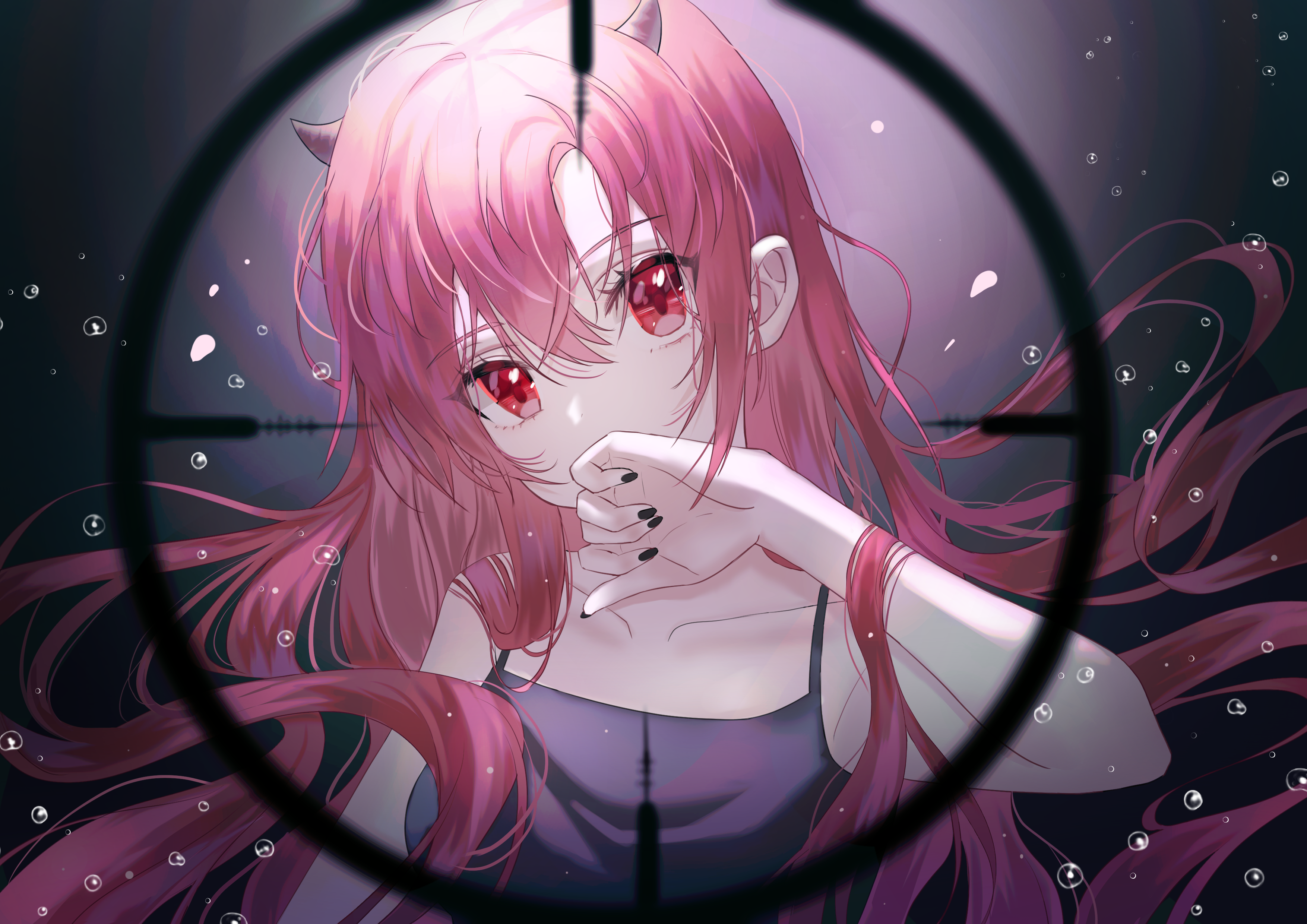Anime Anime Girls Original Characters Artwork Pewn V Scopes Horns Red Eyes Long Hair Pink Hair 3508x2480
