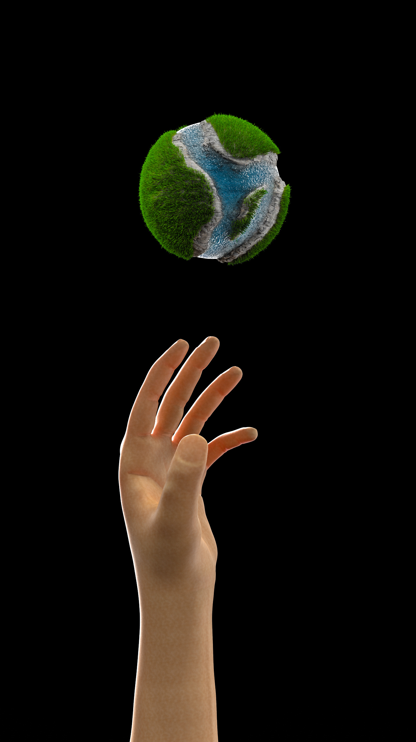 Black Art Hand Gesture Globe CGi Digital Art Rendering 3D Sculpture Grass Ocean View Dark Background 1434x2560