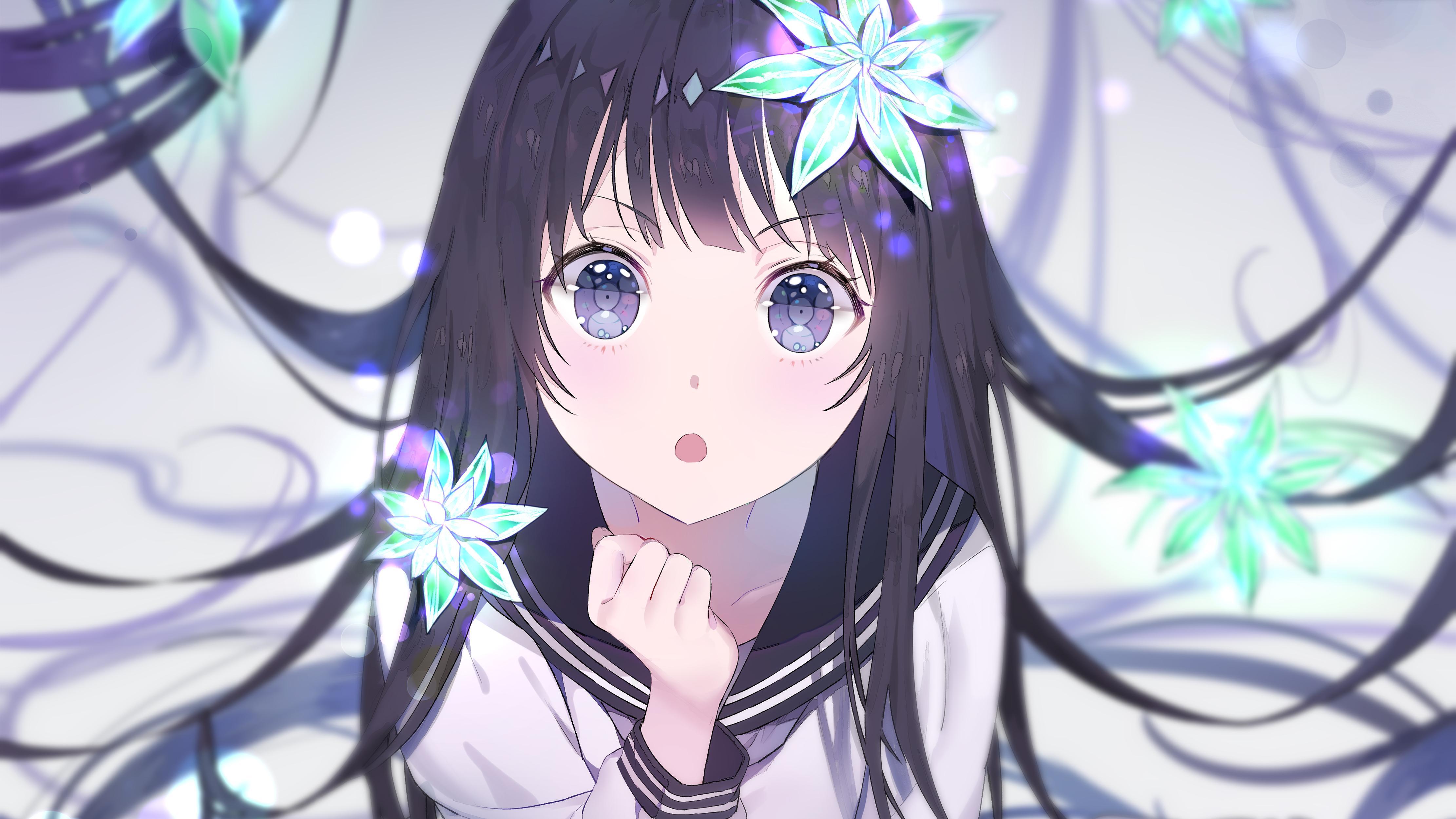 Blue Eyes Brunette Glowing Flowers School Uniform Long Hair Sparkles Anime Girls Hyouka Chitanda Eru 4444x2500