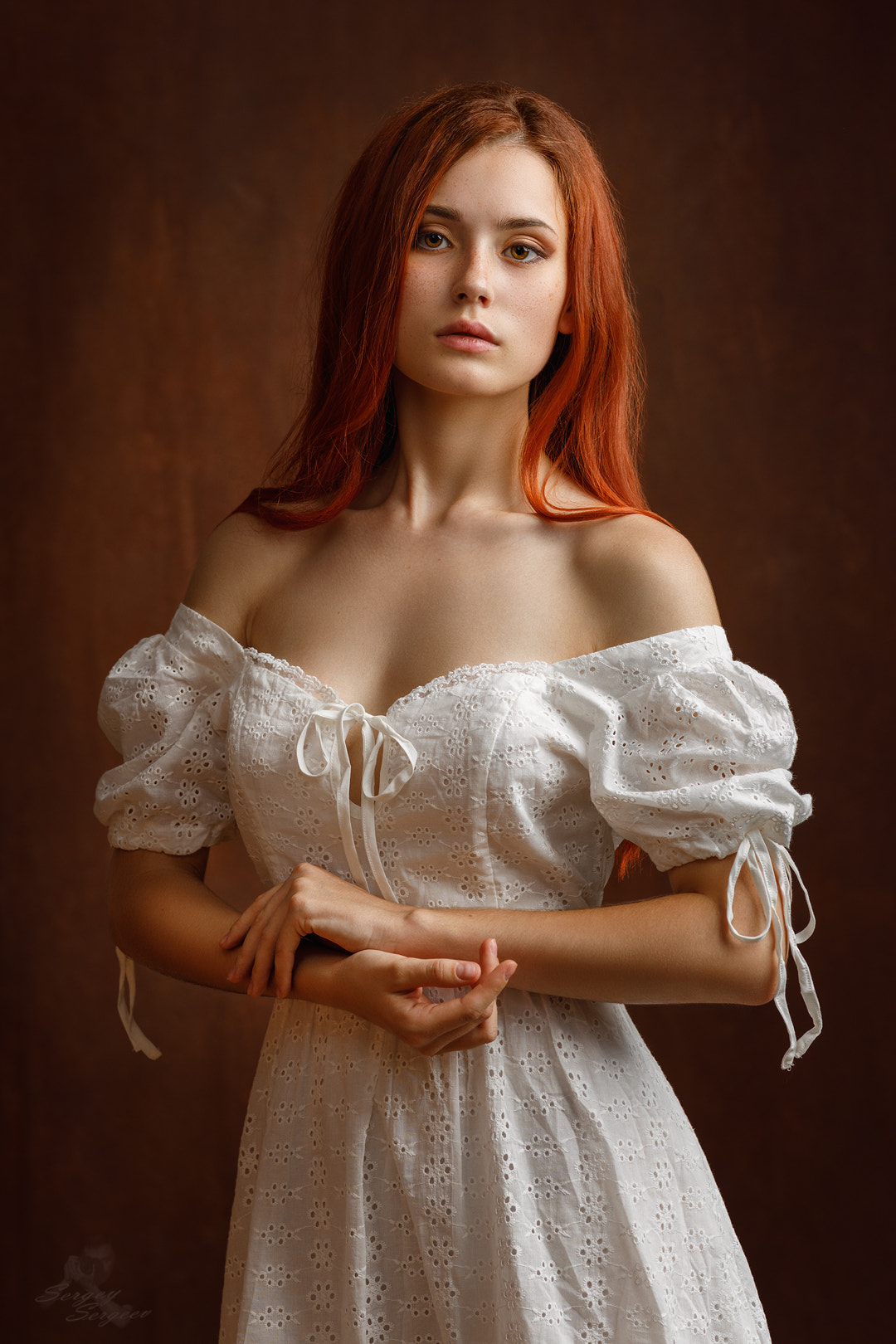 Sergey Sergeev Women Redhead Bare Shoulders Dress White Clothing Freckles Simple Background 1080x1620
