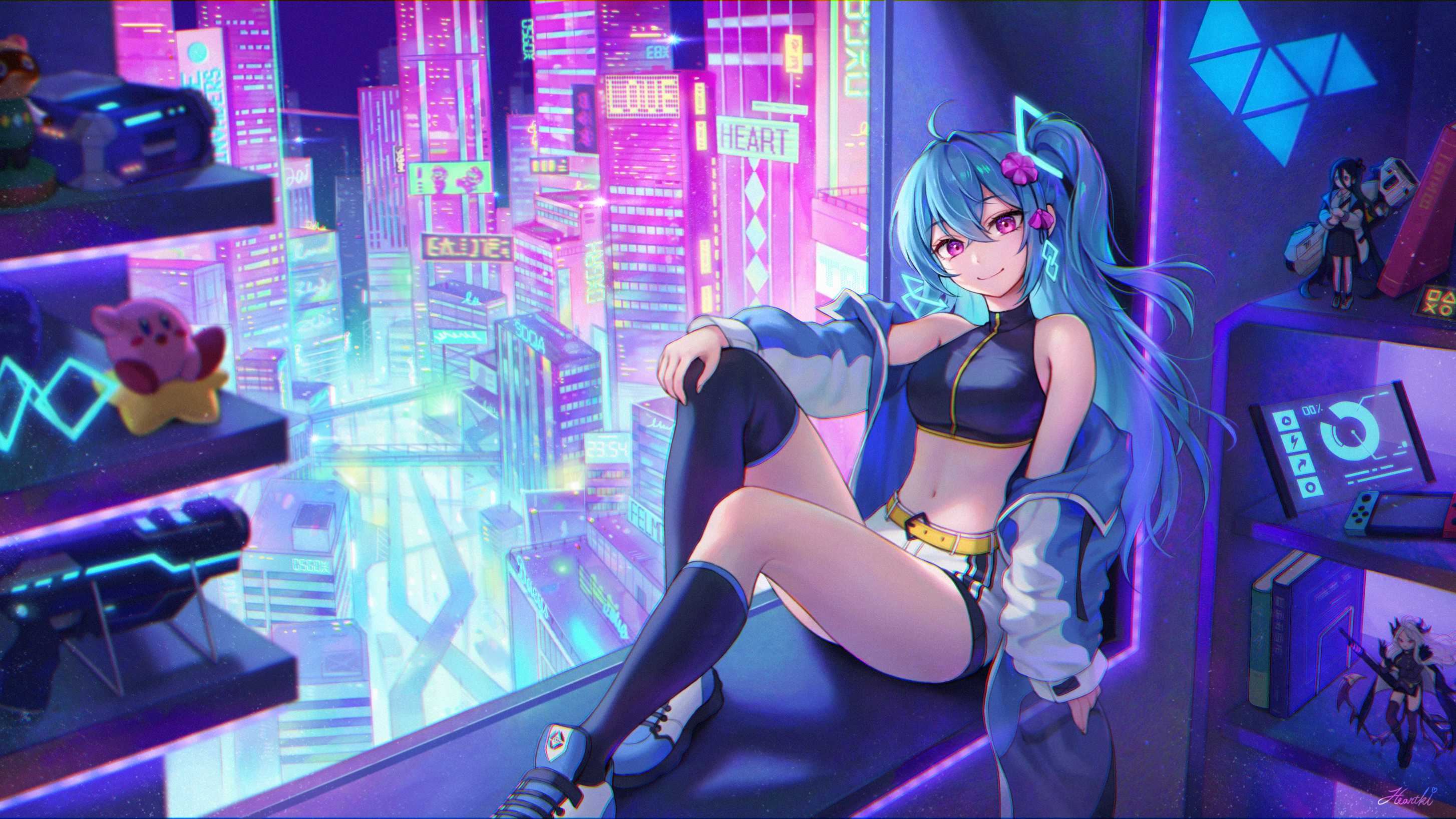 Anime Anime Girls Blue Hair Shorts City Cyberpunk Purple Eyes Cityscape 2908x1636