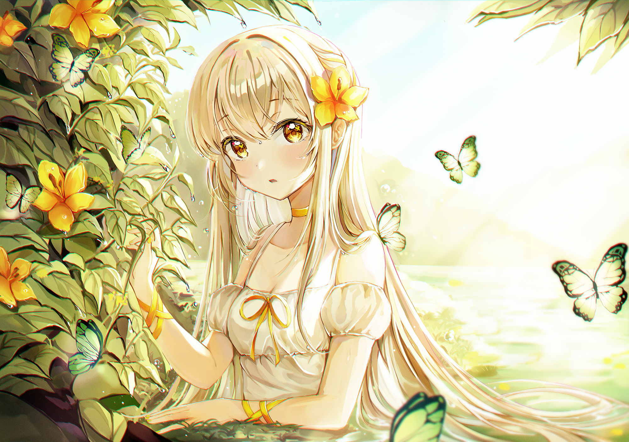 Ssum Anime Anime Girls Long Hair Blonde Yellow Eyes Dress Flowers Butterfly 2000x1404