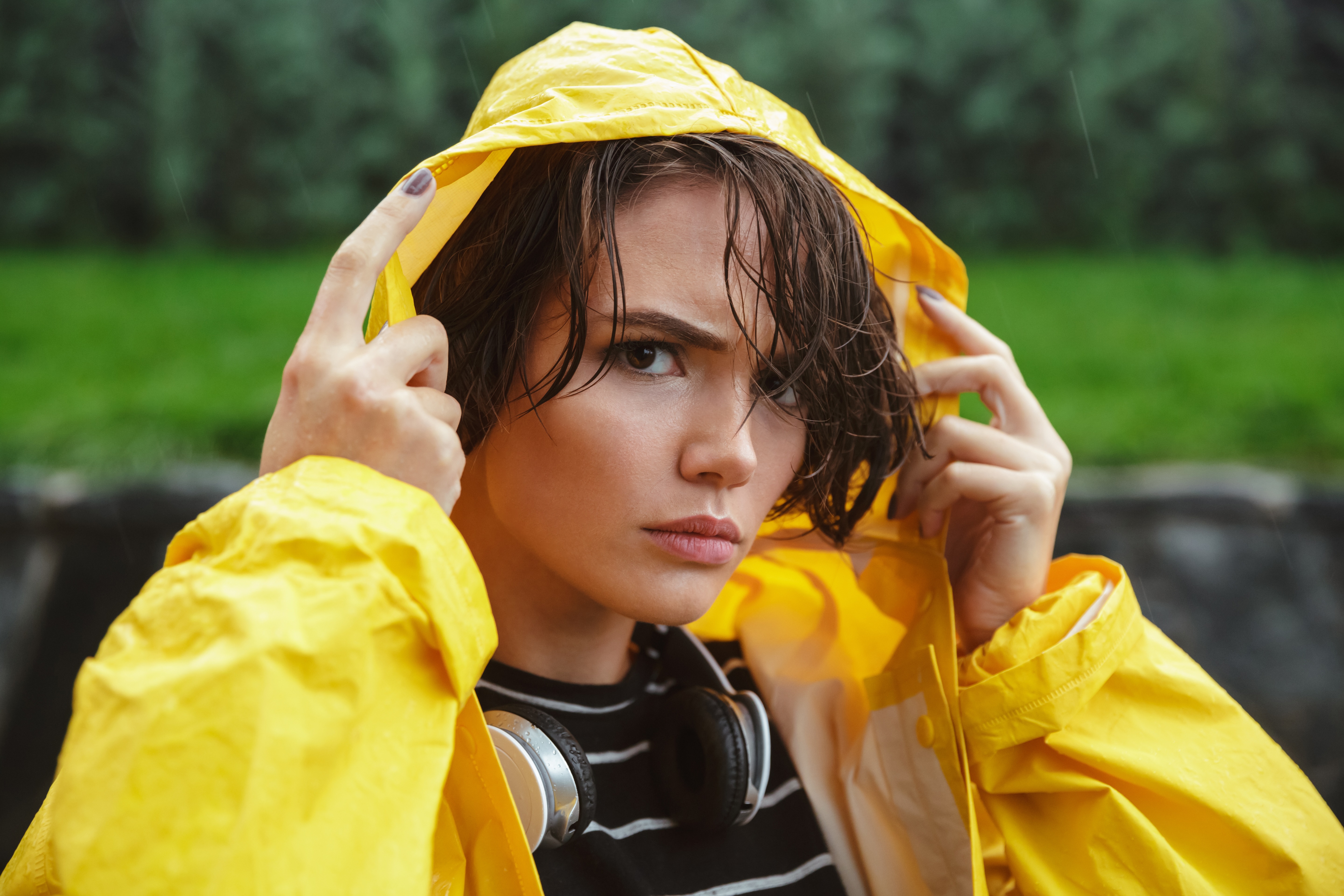 Women Model Wet Hair Portrait Upset Yellow Headphones Rain Hoods Raincoat Looking At Viewer Closeup 5760x3840