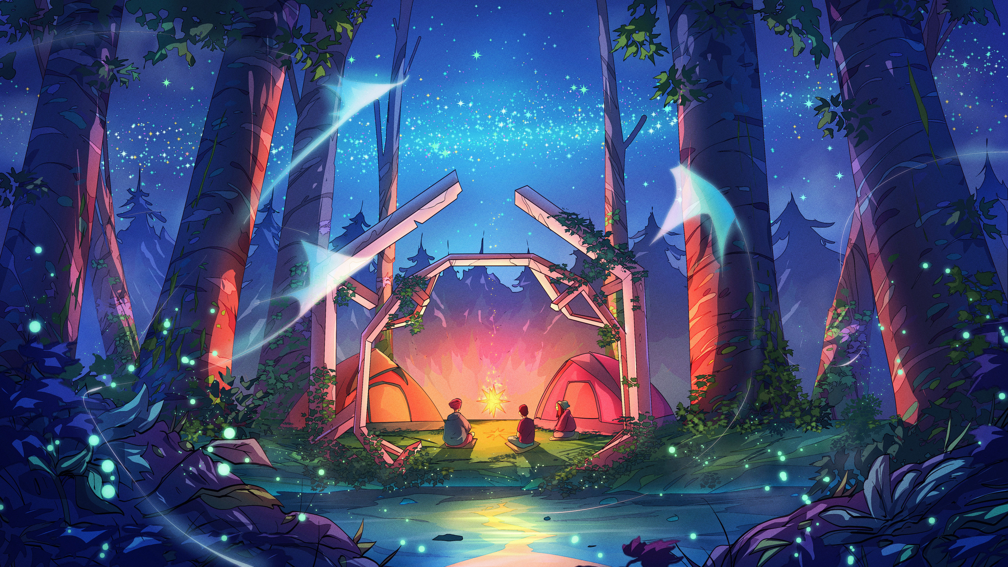 Christian Benavides Digital Art Fantasy Art Manta Rays Forest Camping Tent Stars Night Arch 3840x2160