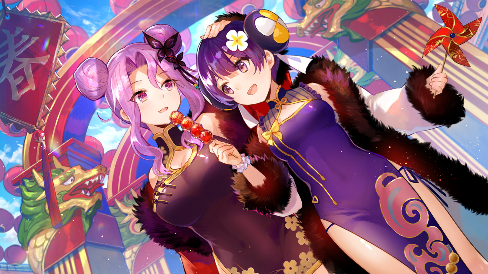 Chinese Dress Anime Girls Girl Cafe Gun Artwork Fuji Choko Purple Hair 2048x1152