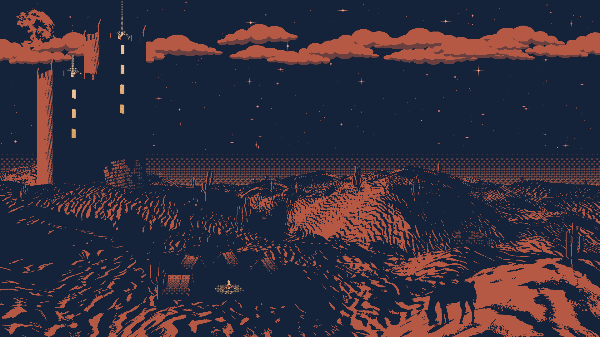 Digital Pixel Art Stars Clouds Desert Tower Cactus 1920x1080
