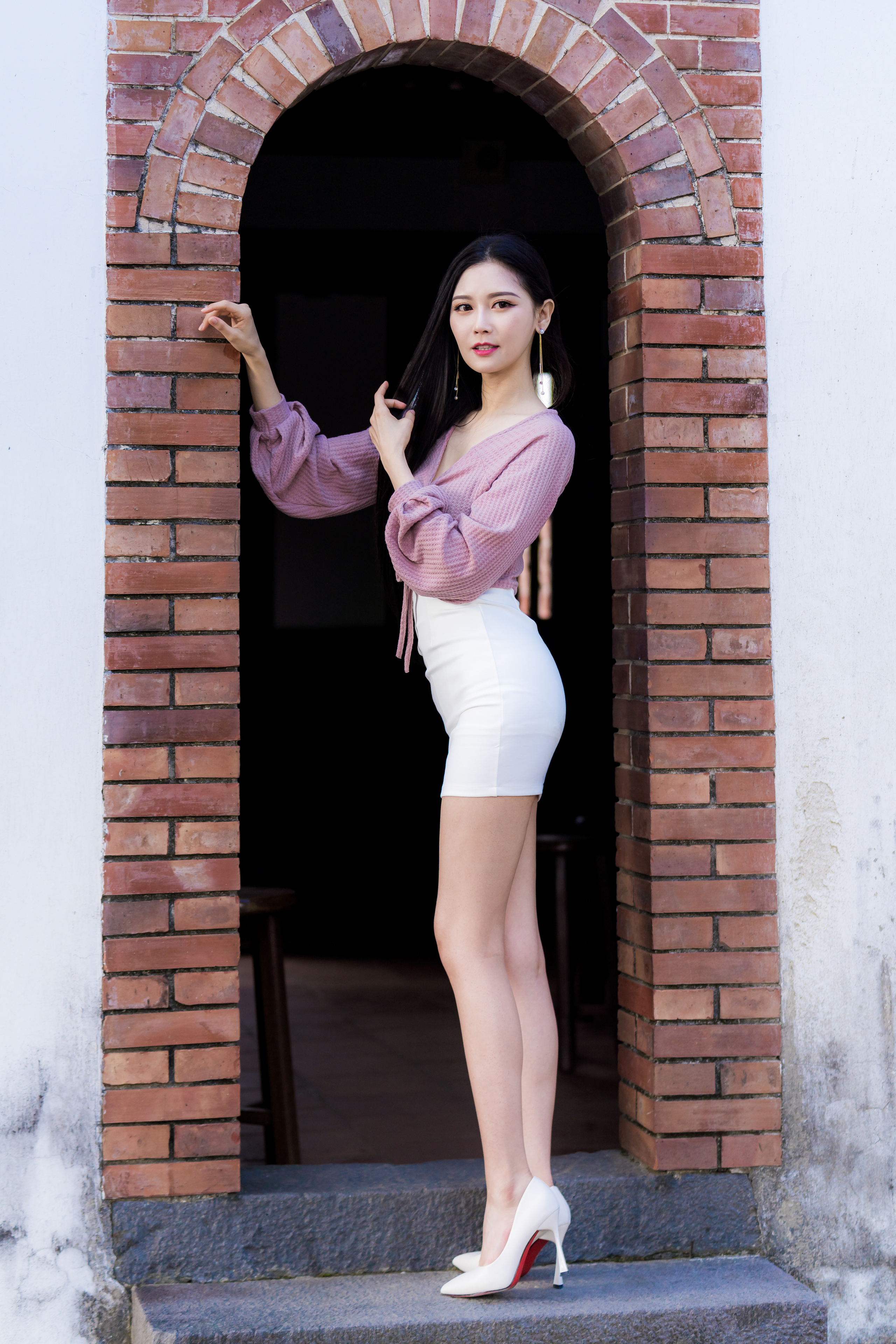 Asian Model Women Long Hair Dark Hair Blouse White Skirt White Heels Doorways Bricks Earrings Stairs 2560x3840
