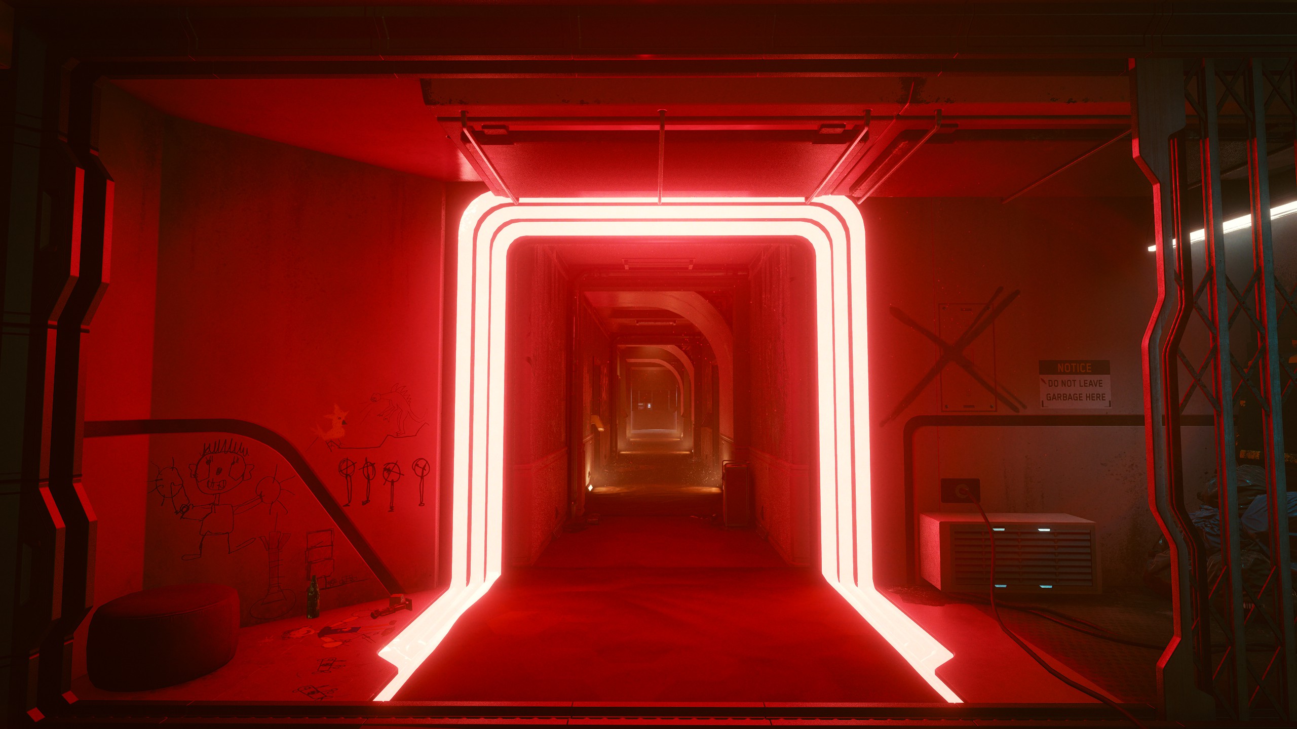 Cyberpunk 2077 Neon Lights Red Futuristic Hallway Cyberpunk Video Games 2560x1440
