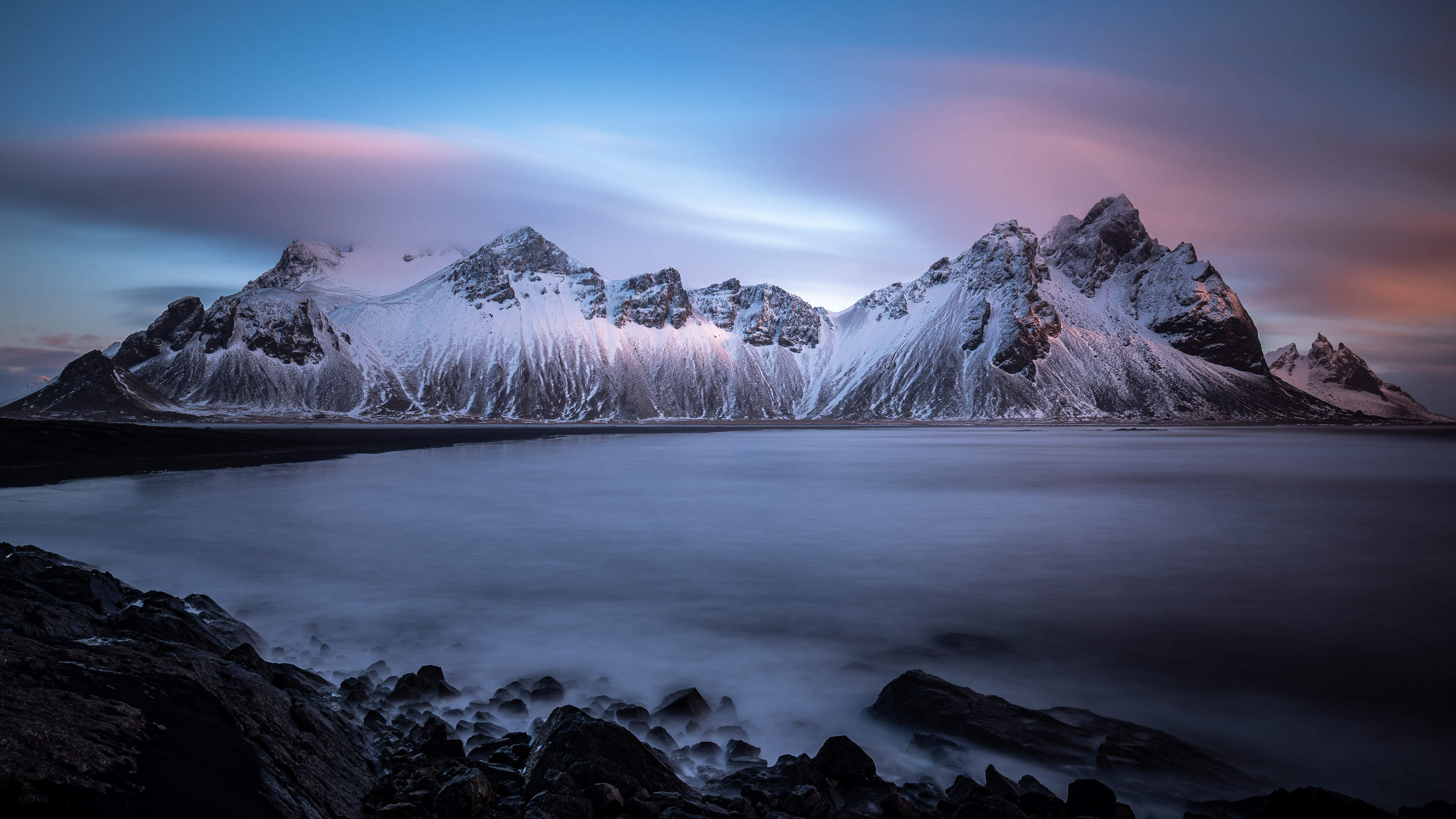 Iceland Vestrahorn Nature Landscape Sea Mist Sky Mountains Clouds Beach 3840x2160