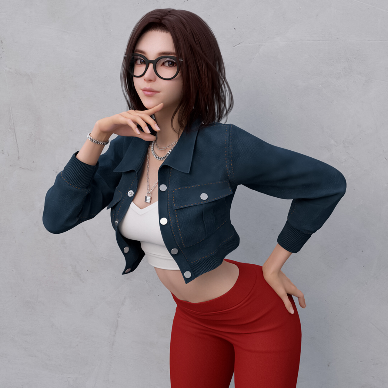 Shin JeongHo CGi Women Brunette Glasses Jacket Red Clothing Pants Jewelry Silver Simple Background 1280x1280