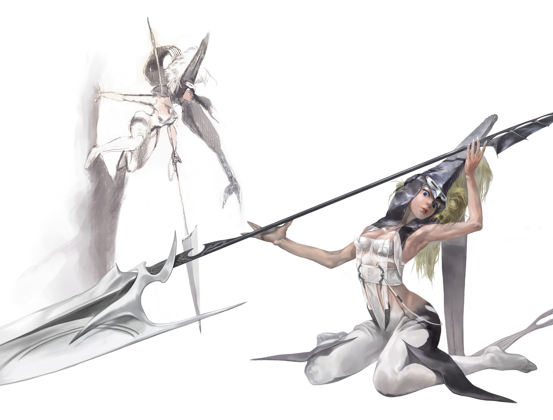 Jisoo Shin ArtStation Artwork Fantasy Art Fantasy Girl Simple Background Long Hair Spear 1920x1459