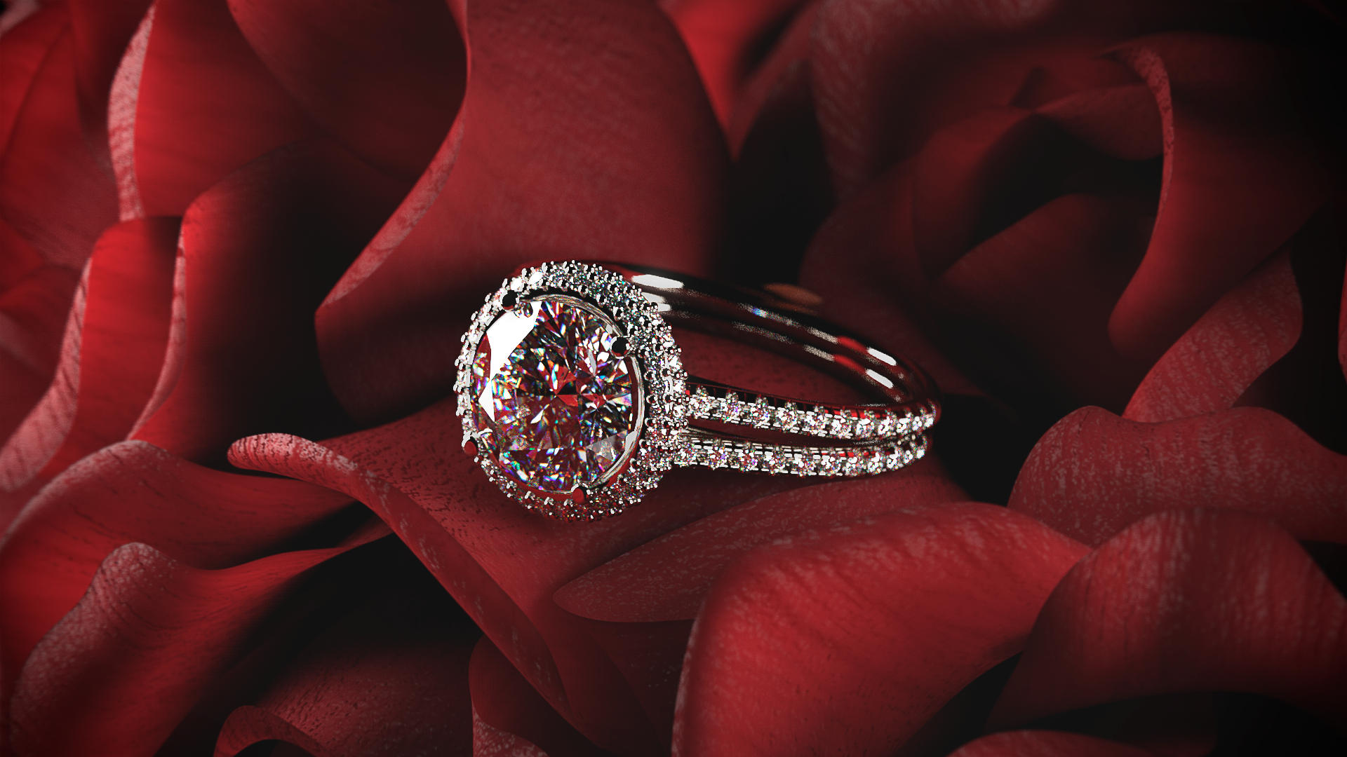Render Rendering CGi Digital Art Diamond Ring Rose Petals 1920x1080