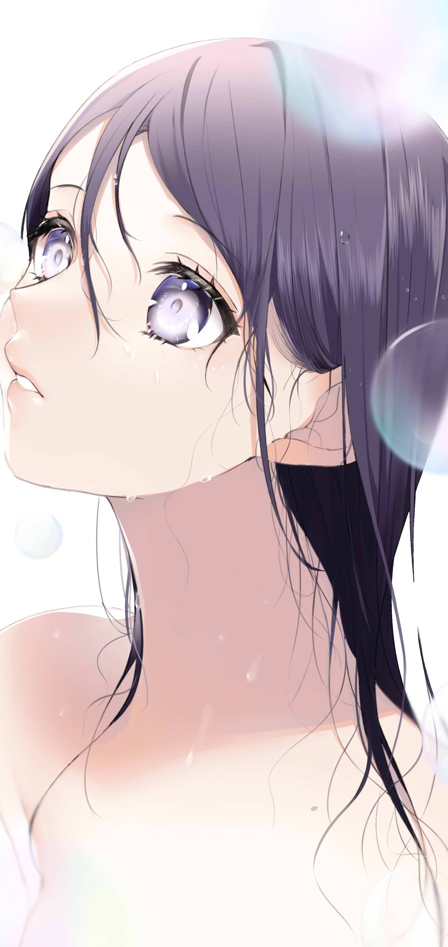 Anime Anime Girls Original Characters Artwork Sogawa Cropped Dark Hair Dark Eyes Face Wet 1440x3040