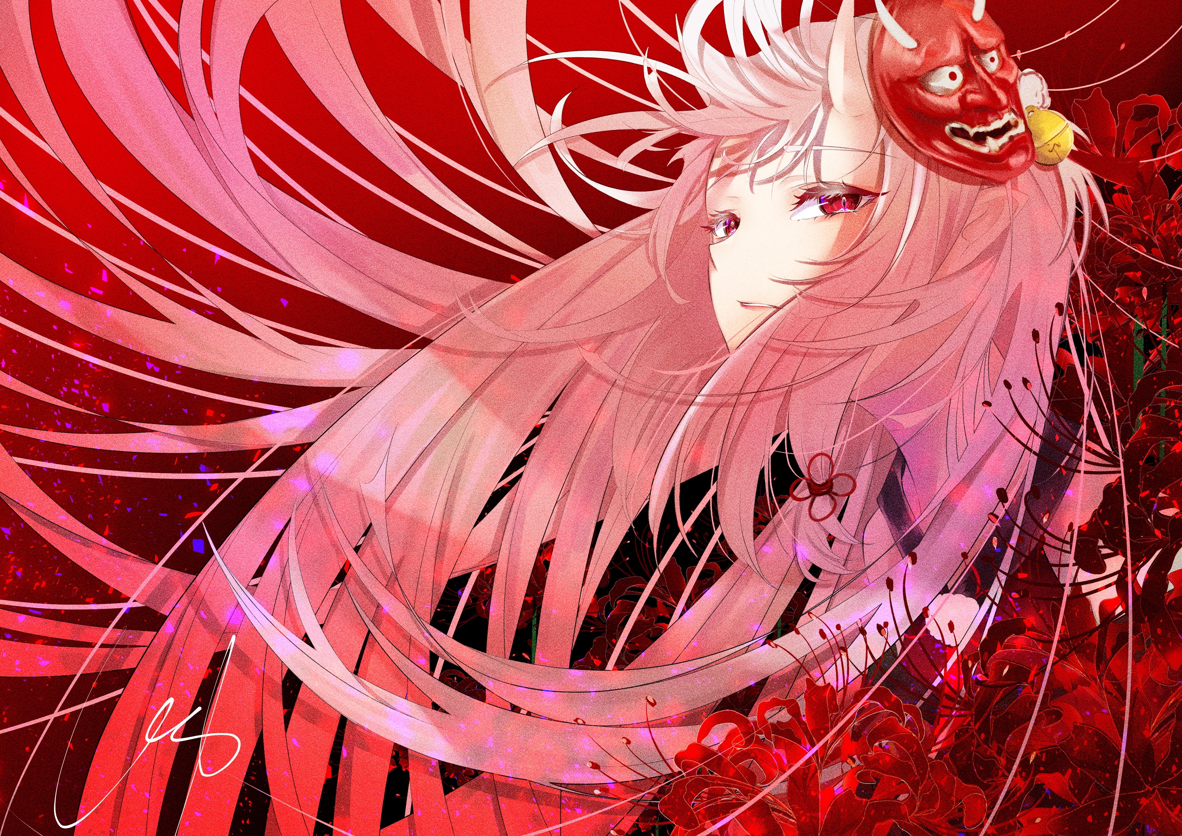 Pink Hair Red Eyes Red Flowers Horns Mask Sparkles Makeup Oni Girl Anime Girls Nakiri Ayame Virtual  4093x2894