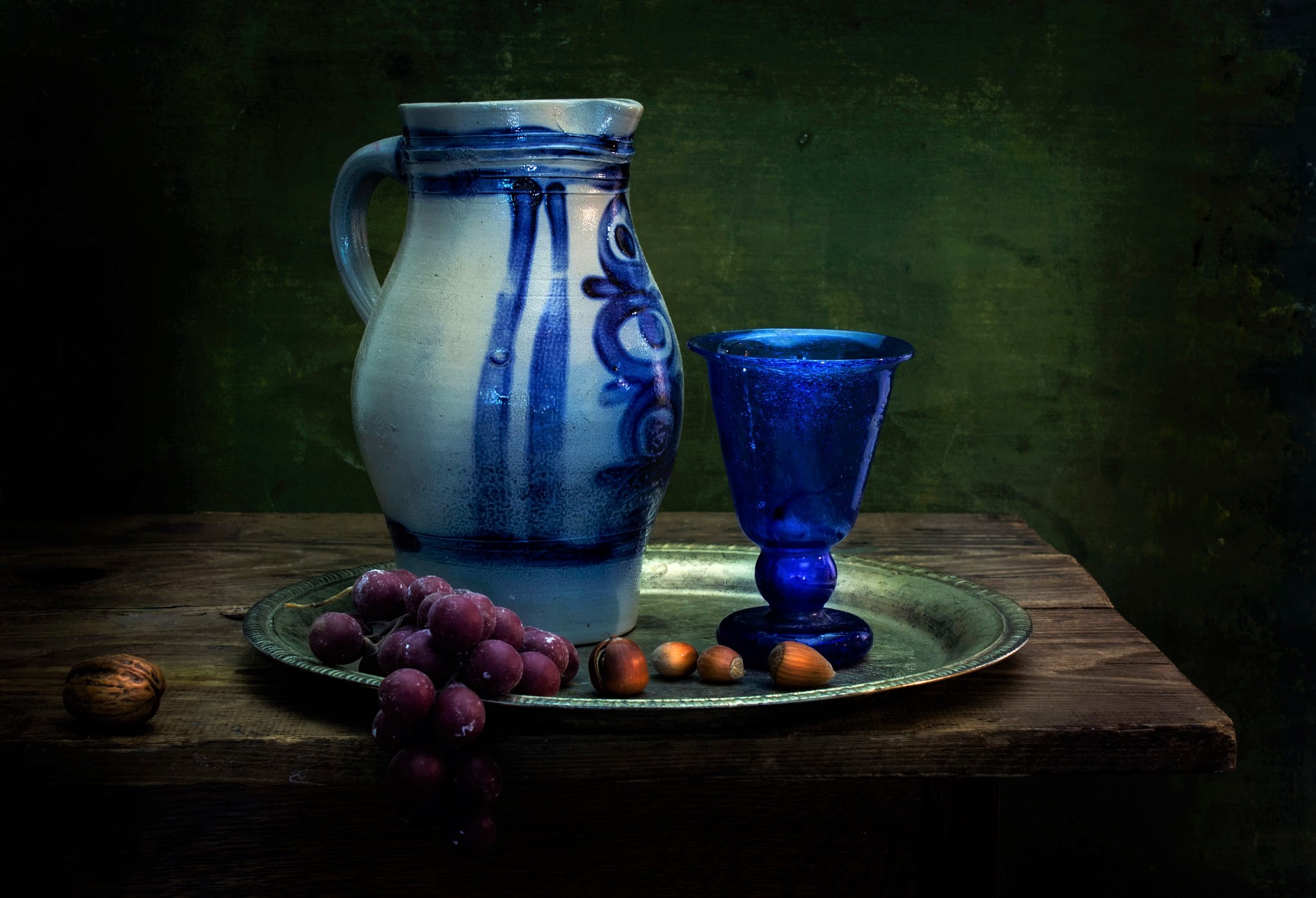 Plate Pitcher Glass Blue Hazelnut Grapes Walnut 2048x1398