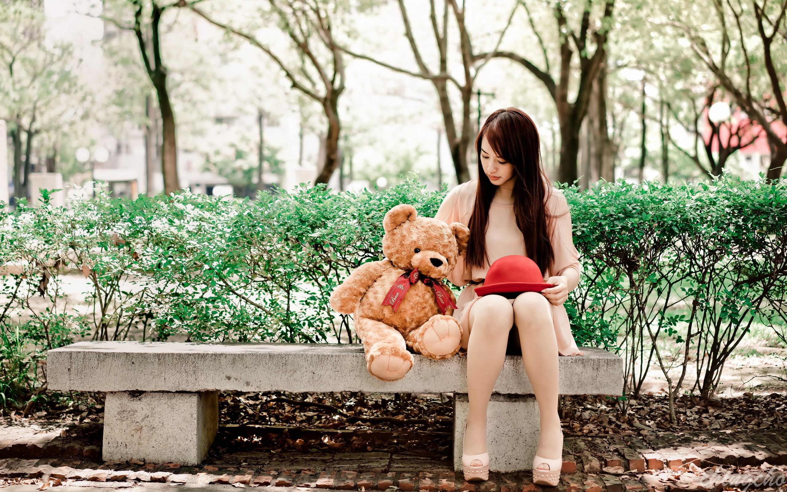 Asian Model Women Long Hair Dark Hair Depth Of Field Sitting Bench Platform High Heels Bracelets Ted 2560x1600