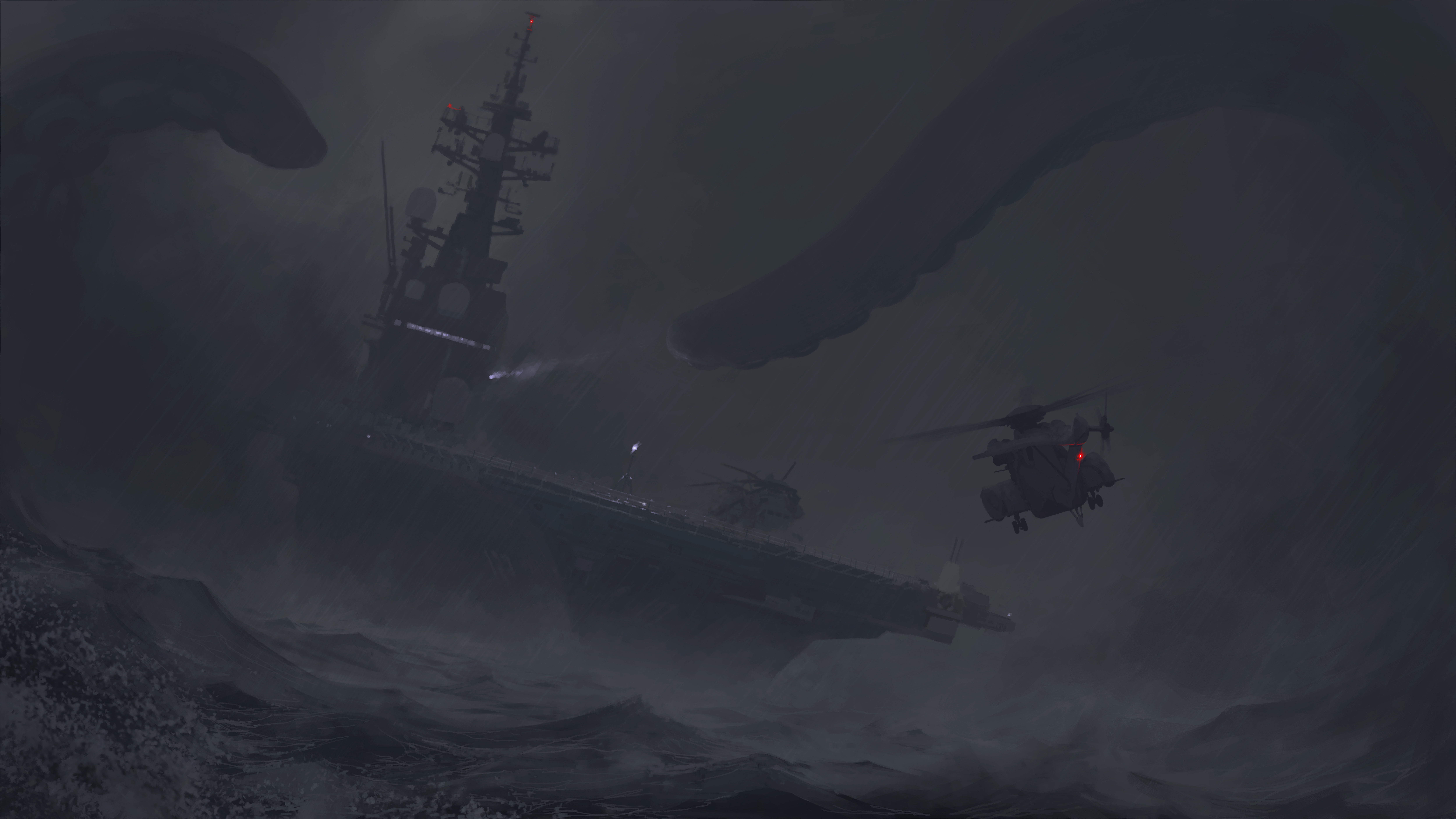 Artwork Digital Art Sea Ship Waves Sea Monsters Tentacles Dark Helicopters Storm Aircraft Carrier Al 10000x5627