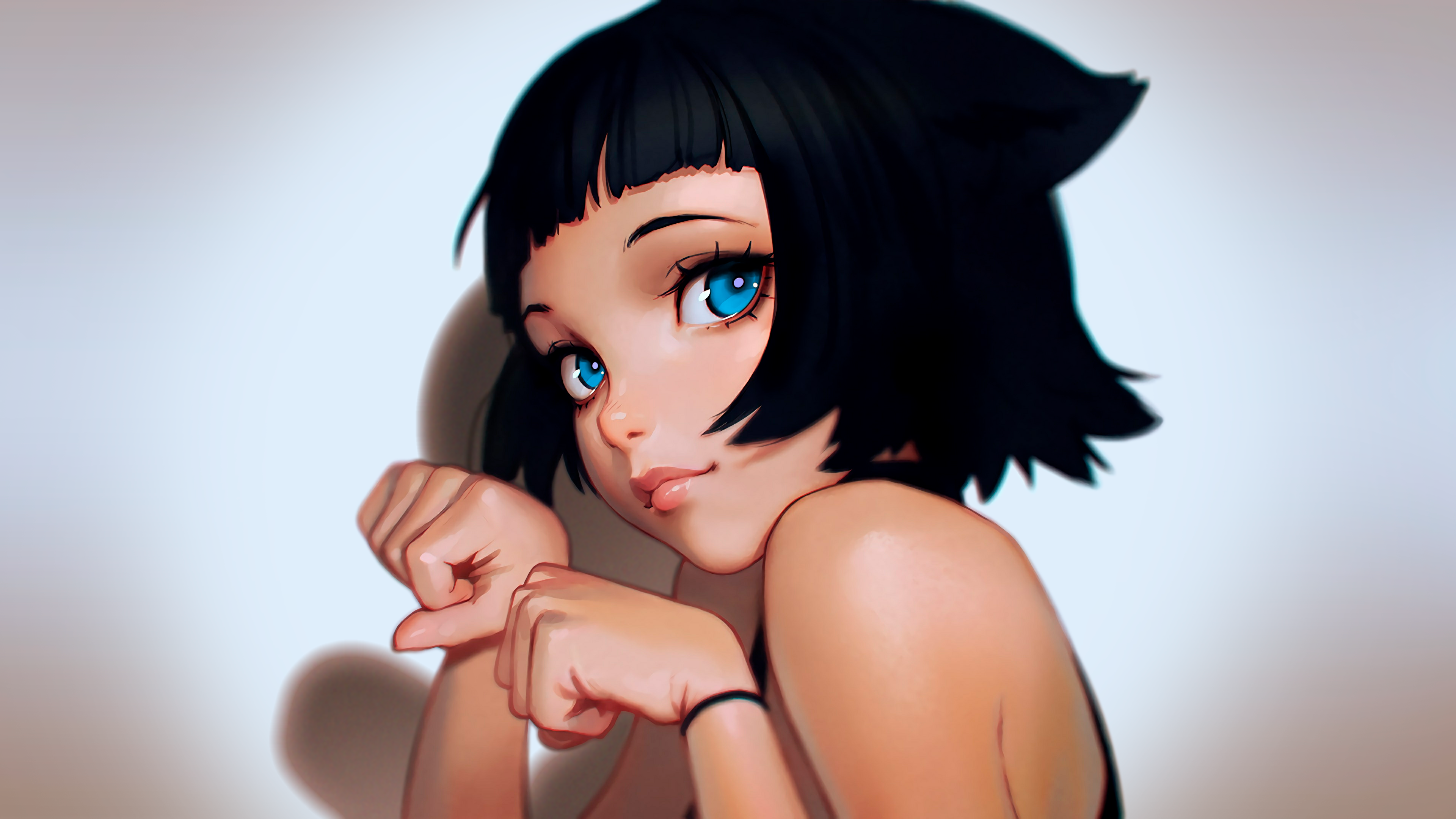 Anime Anime Girls Artwork Semi Realistic Black Hair Short Hair Black Shirt Blue Eyes Cat Girl Bangs  3840x2160