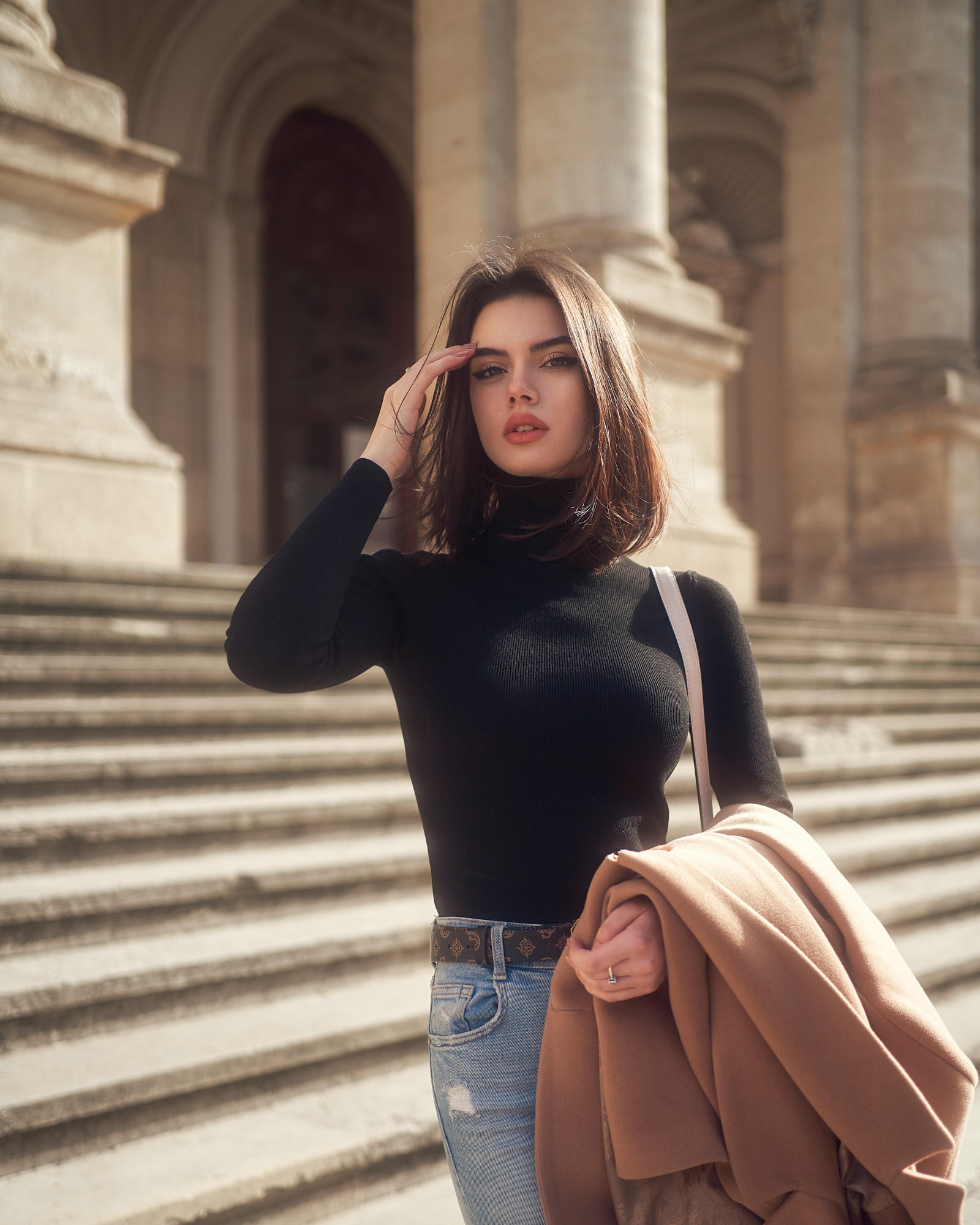Andrei Marginean Women Brunette Shoulder Length Hair Black Clothing Coats Stairs Sunlight Brown Coat 1600x2000