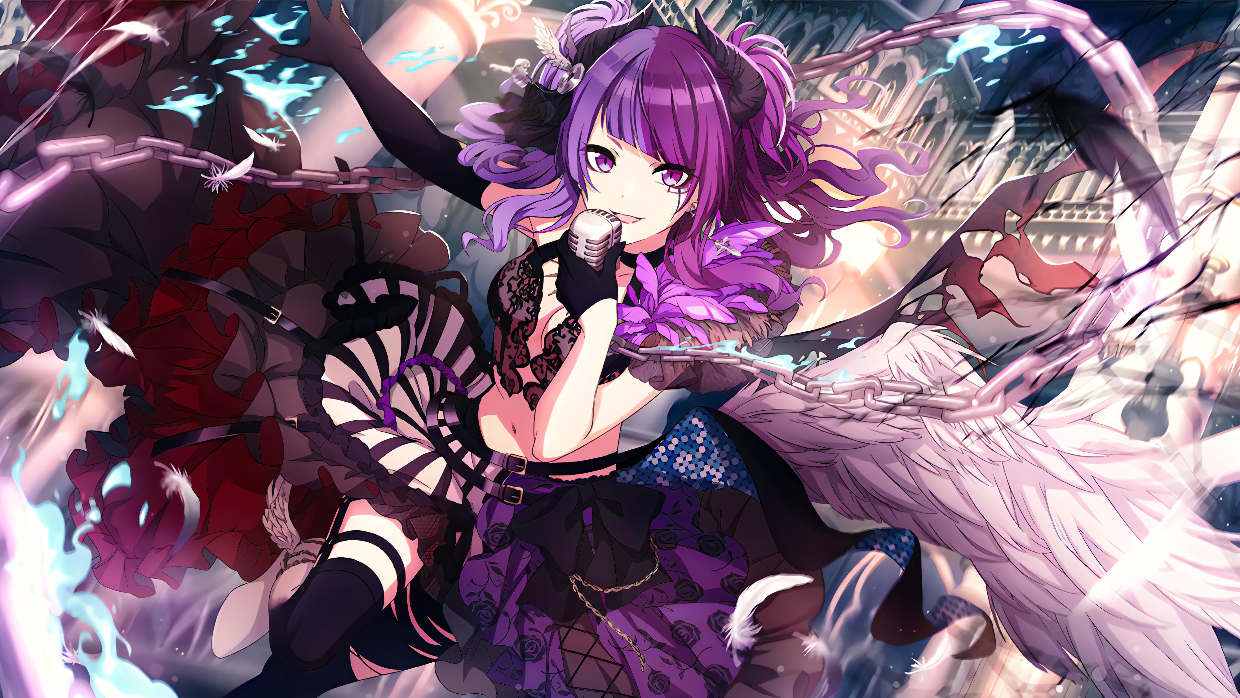 Anime Anime Girls THE IDOLM STER Tanaka Mamimi Horns Purple Hair Purple Eyes Wings 4000x2252