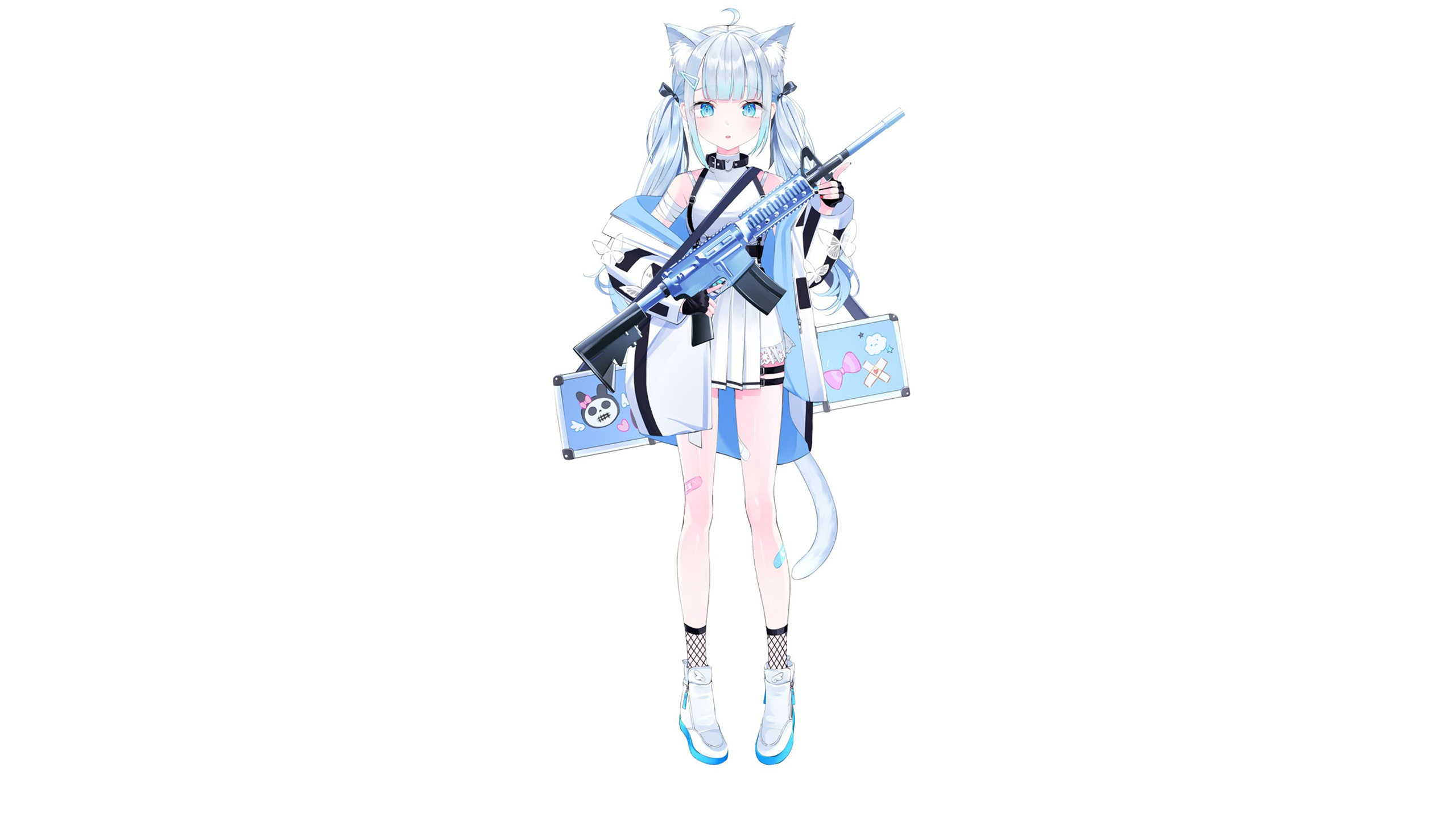 Amatsuka Uto Nabi Cat Girl Cat Ears Gun Armalite Rifle Blue Hair Blue Eyes Cat Tail 2560x1440