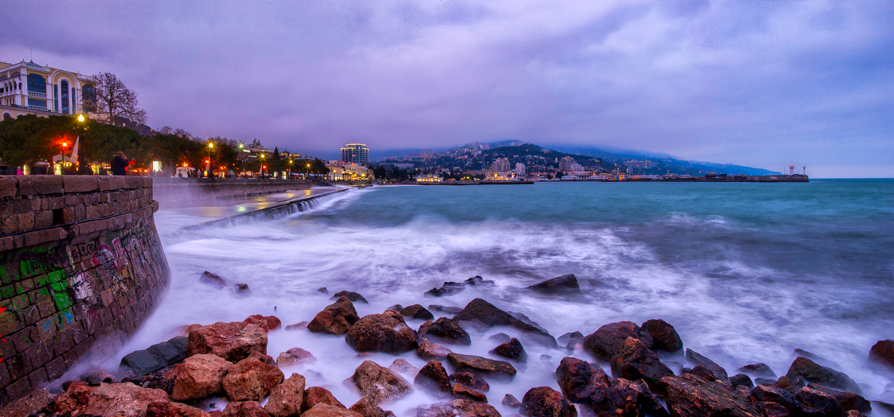 Sea Outdoors Rocks Waves Night Lights Clouds Sky Photography Urban HDR 1800x839
