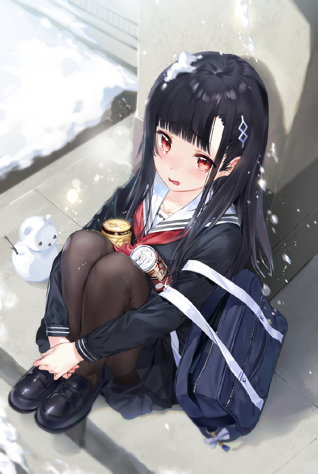 Anime Anime Girls Snow School Uniform Sitting Red Eyes Black Hair Blunt Bangs Blush Tears Snowmen Ar 1024x1523