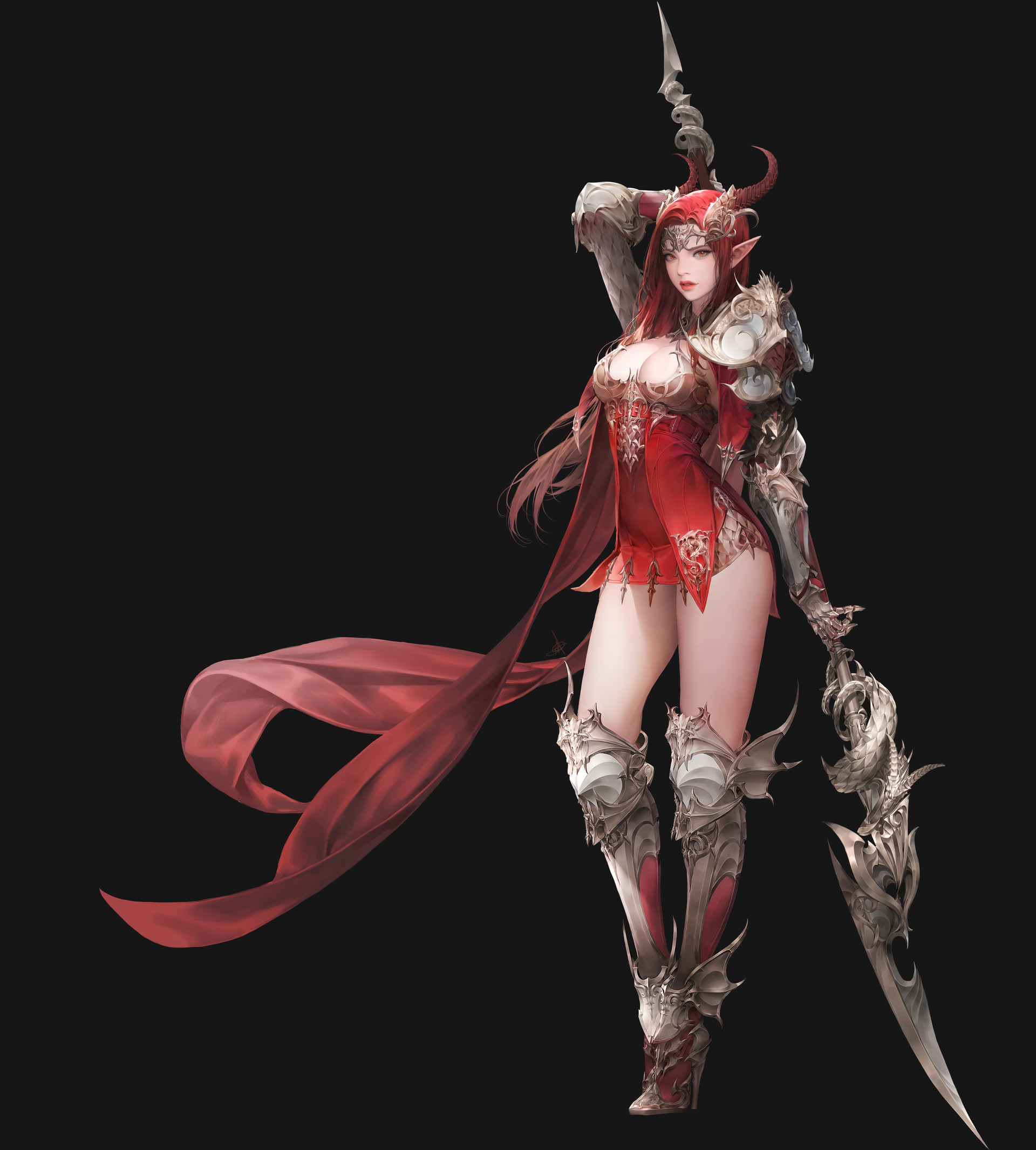 Daeho Cha Drawing Women Redhead Long Hair Warrior Armor Red Clothing Shawl Cape Weapon Simple Backgr 1920x2132