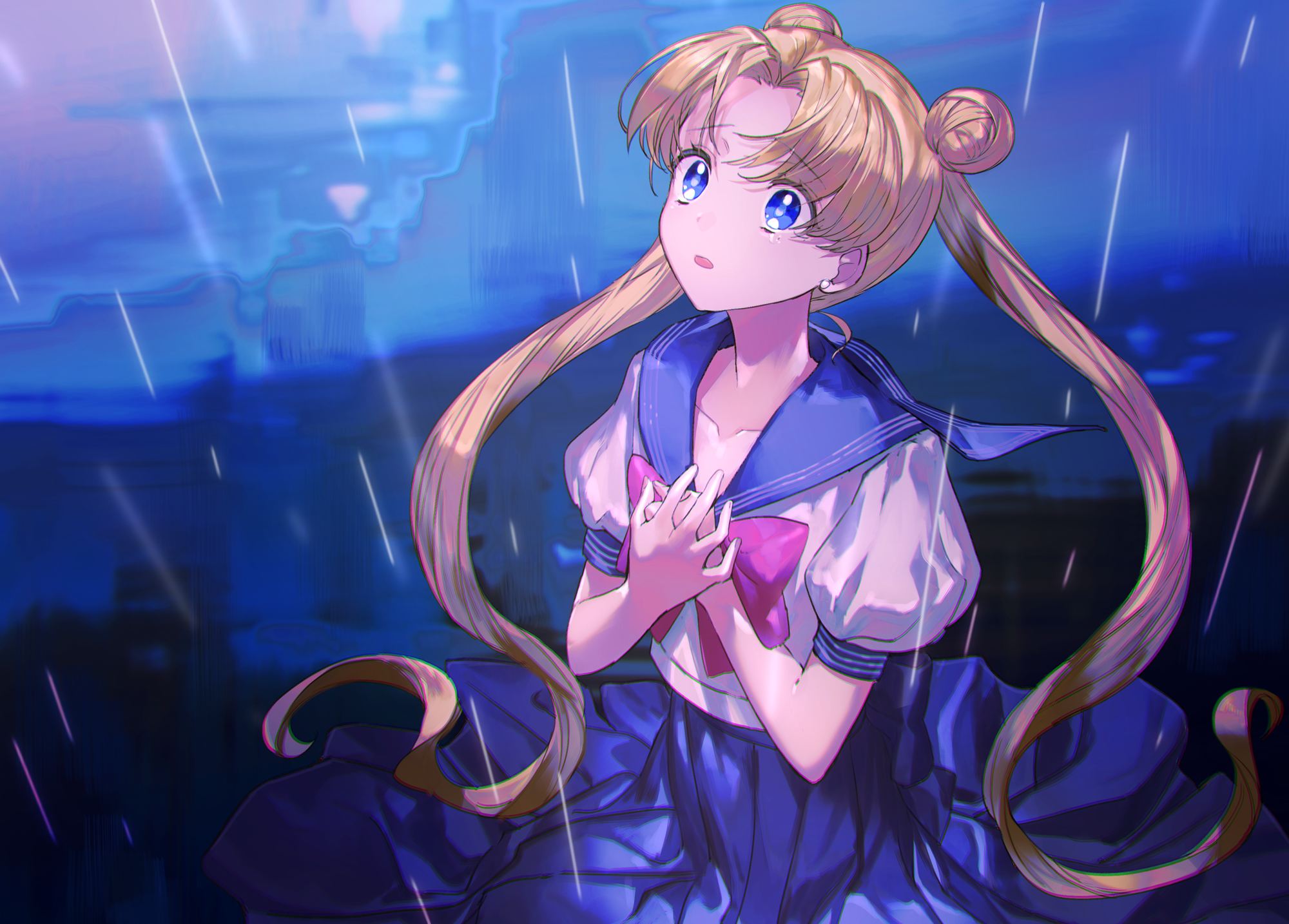 Sailor Moon Usagi Tsukino Anime Girls Artwork Wattaro Twintails Blonde Blue Eyes Sailor Uniform Hand 2000x1434