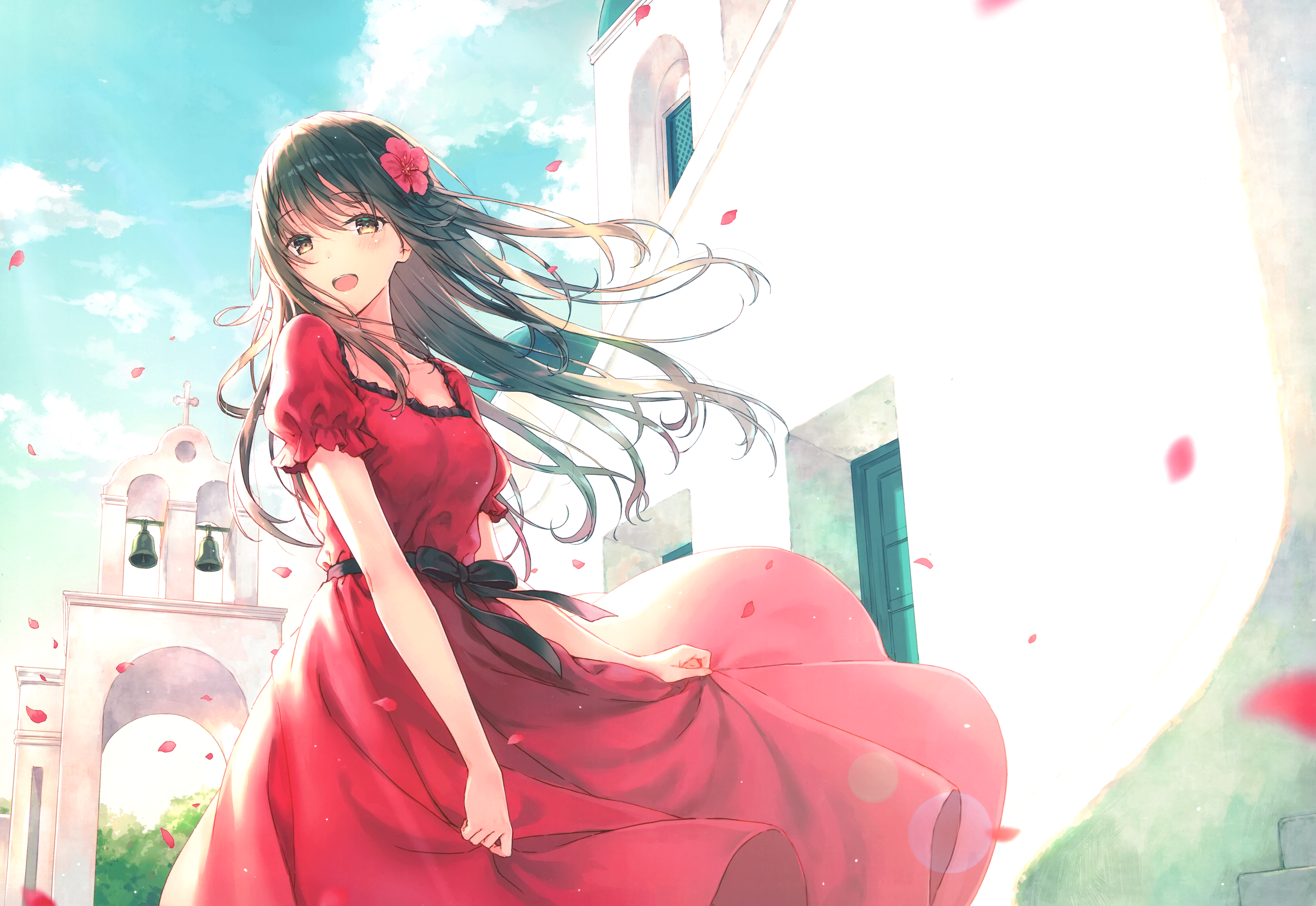 Hiten Anime Anime Girls Artwork Brunette Long Hair Brown Eyes Petals Dress Red Dress 4920x3386