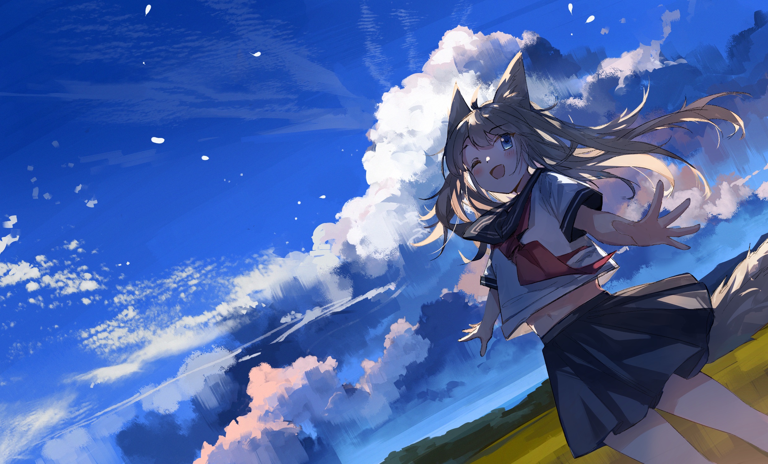 Anime Anime Girls Sky Clouds Animal Ears One Eye Closed Blue Eyes Open Mouth Women Outdoors School U 2480x1500